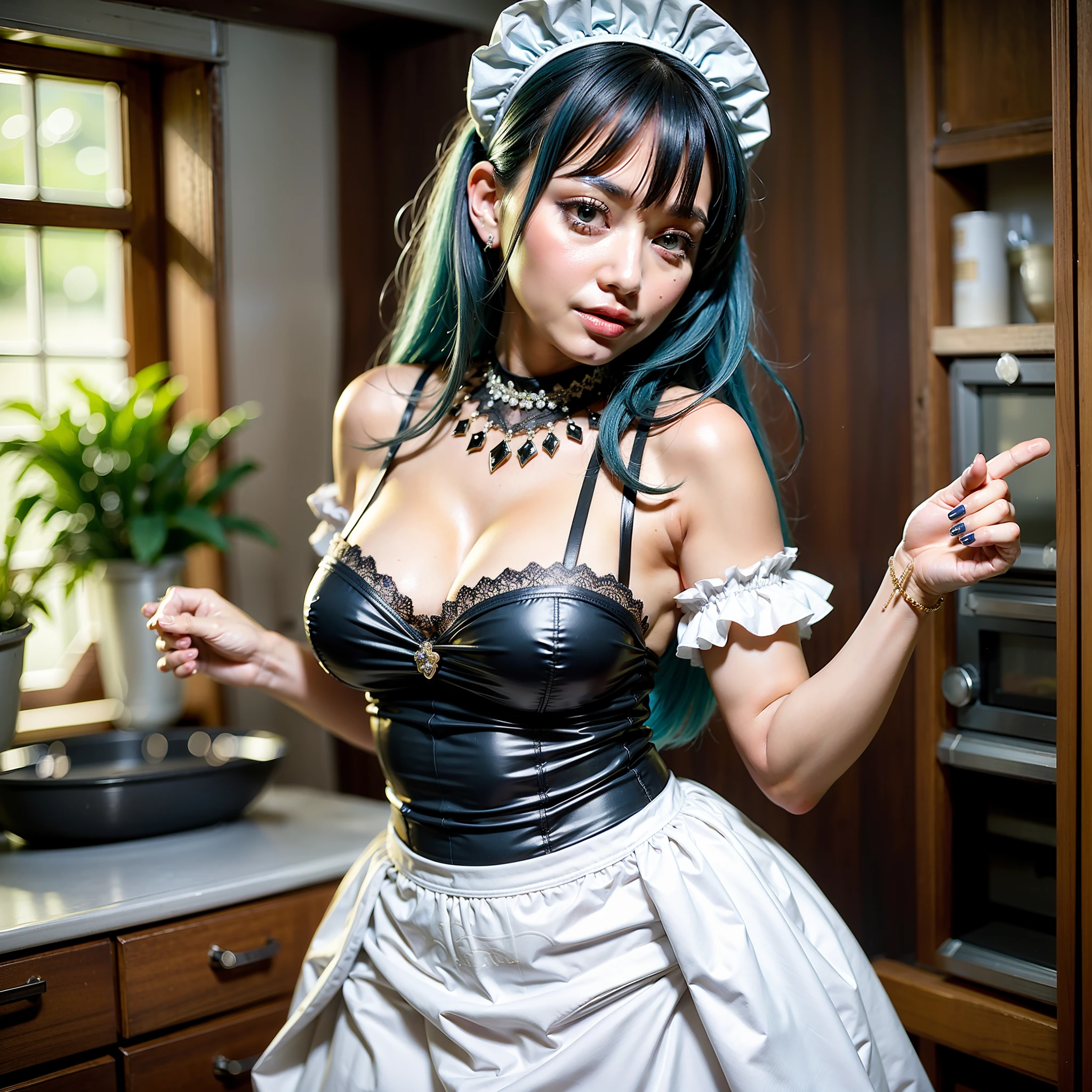sexy fat woman in a maid outfit standing in a kitchen wishing happy birthday, gorgeous maid, blue hair, arm tatttos, 50 years old, glamourous cosplay, sakimichan frank franzzeta, a sexy maid in a magical forest, elegant glamourous cosplay, chubby, maid dress, maid outfit, sedy chubby, green eyes,