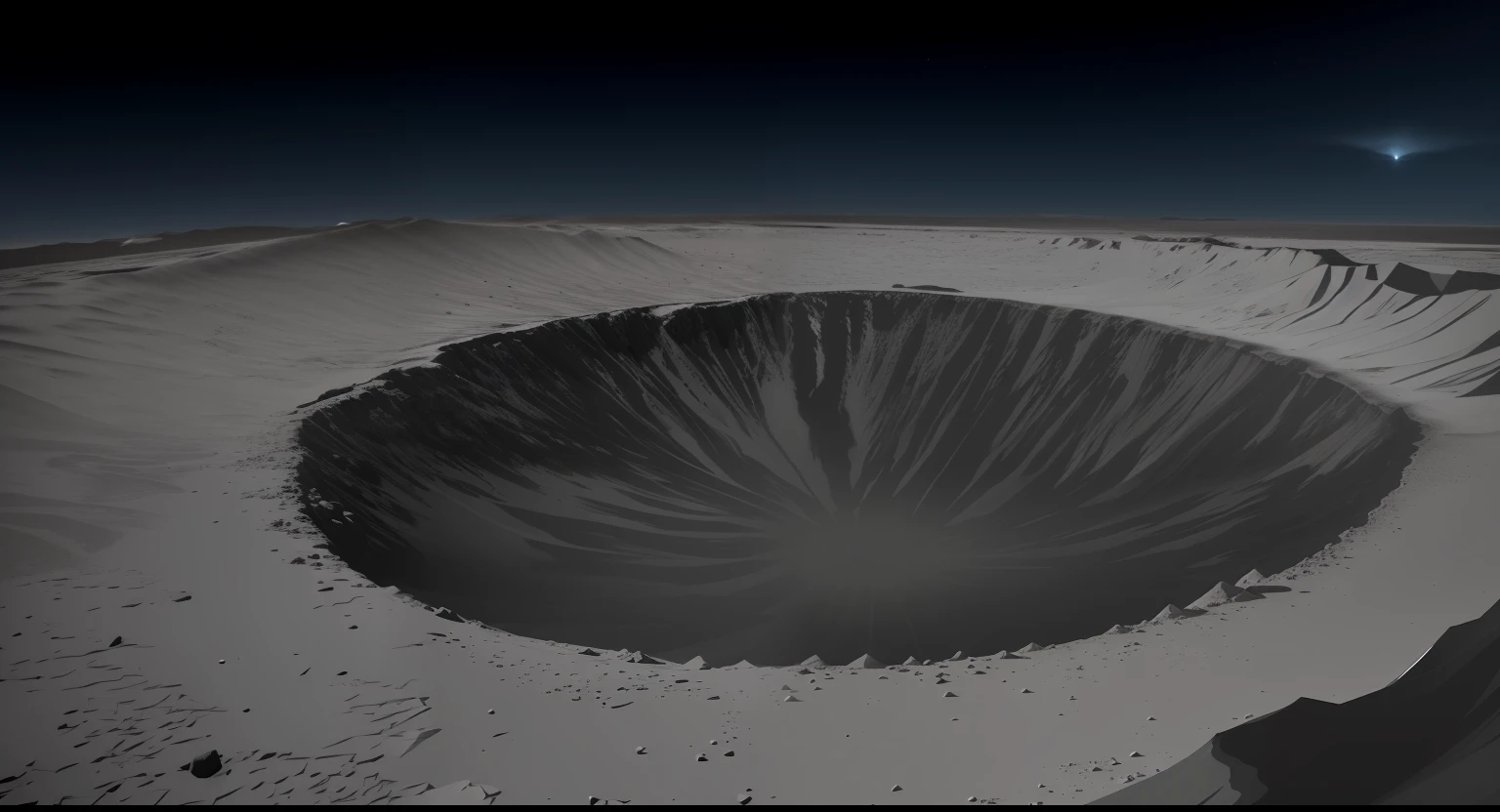 There is a black and white photo of a crater in the desert, crater, looking down at a massive crater, Craters, giant crater in distance, Flora-Lush Crater, Gran abismo, Valle del Fondo Maldito, en la superficie de un asteroide, La luna se estrella contra la tierra, Ilustraciones de fondo, Arte de fondo, Terraforming Jezero Crater