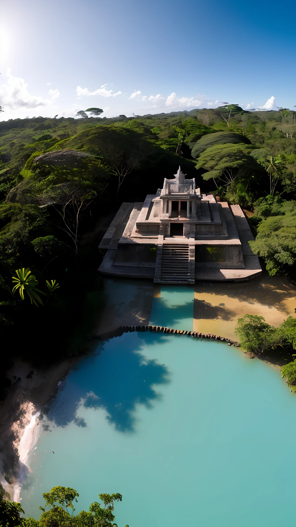 Obra maestra, panoramic, fotorrealista, ((Perfect lighting)), (Contre-Jour), (Fujifilm XT3), (camera f1.6 lentes), (volumetric illumination), (rewarded photography):Incredible pre-Hispanic old building in the middle of an immense turquoise blue lagoon, Temple of Quetzalcoatl, extremadamente detallado, abandonado, Intríncar, Lugar sagrado de la cultura antigua azteca, Hidden in the Amazon rainforest,
