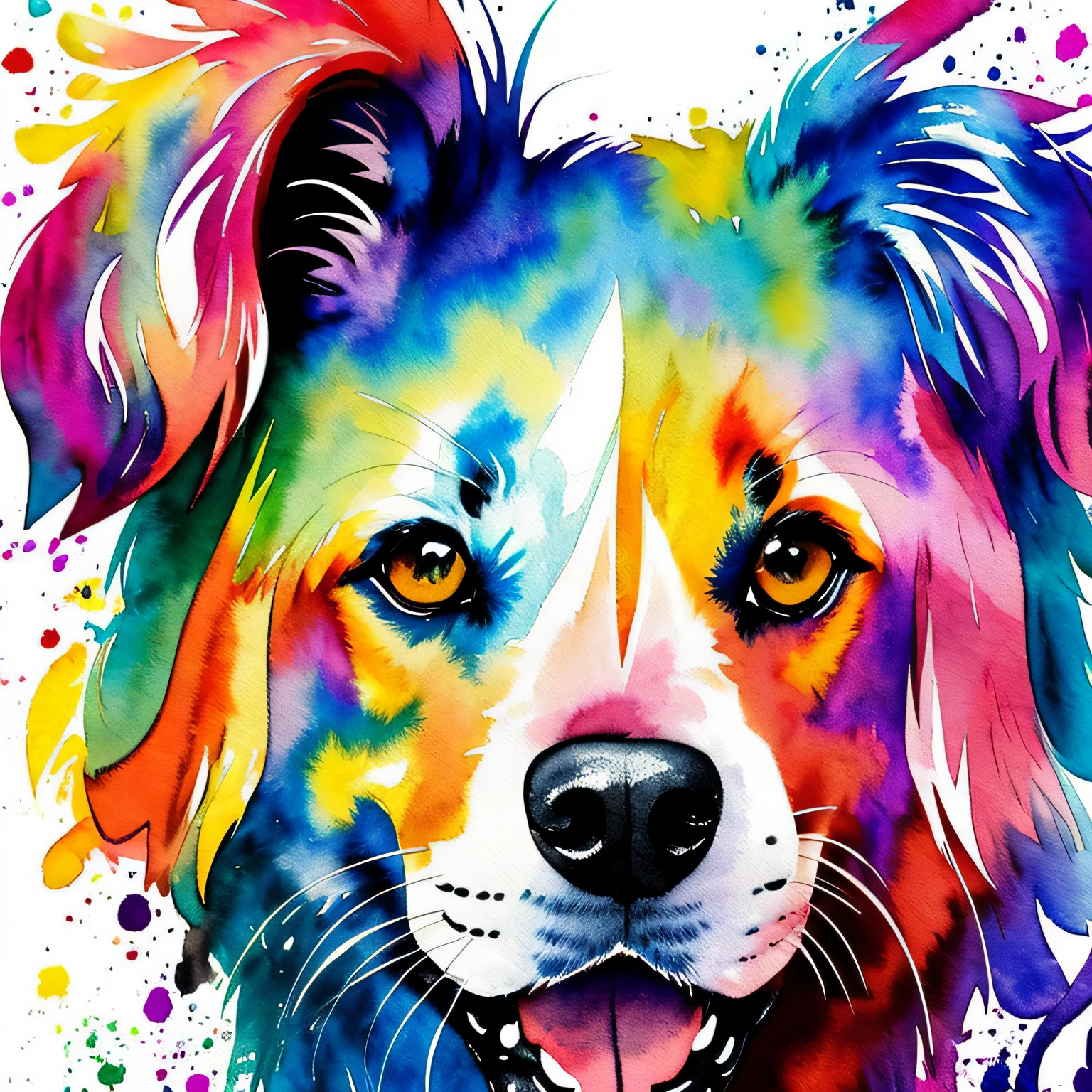 wtrcolor style, Digital art of (dog character), official art, frontal, smiling, masterpiece, Beautiful, ((watercolor)), face paint, paint splatter, intricate details. Highly detailed, detailed eyes, [dripping:0.5], Trending on artstation, by Rachel Walker --auto