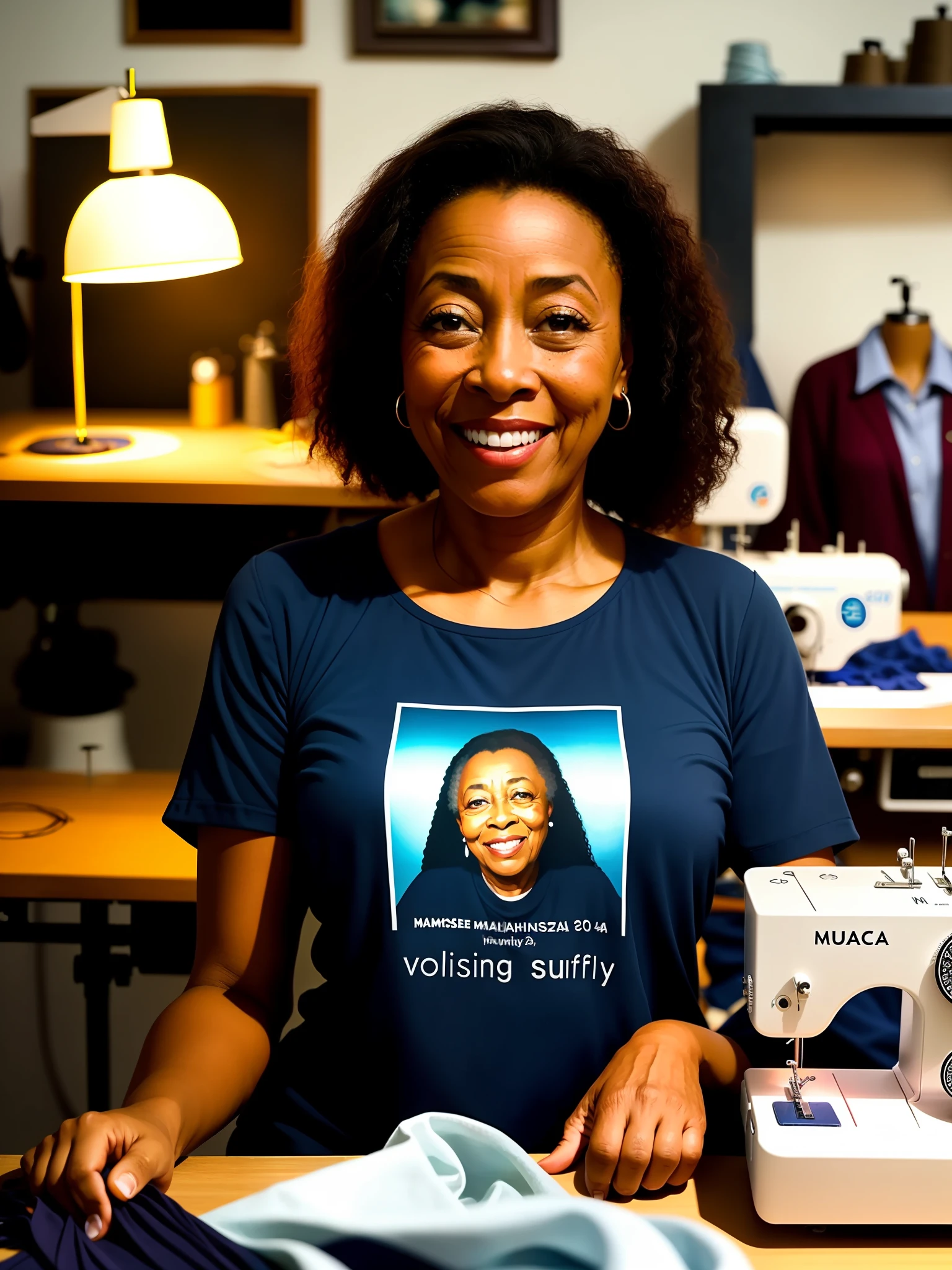 mulher, highres, obra-prima, 1girl, solo, melhor qualidade, realista, fotografia hiper-realista de uma linda mulher negra sorridente, ((por volta de 40 anos de idade)), pele negra, brasileira, cabelos cacheados, olhos castanhos escuros, (wide smile with very white tooth line on display), usando uma blusa azul clara, with curvy mother's body, ((sitting at the domestic sewing machine in her studio)), costurando, Facing the camera squarely, cinematic lighthing, melhor qualidade, daylight, cores vividas, 8 k, olhando para o espectador, tiro direto , 4K, HDR. por (James C. Christensen:1.2 | Jeremy Lipking:1.1).