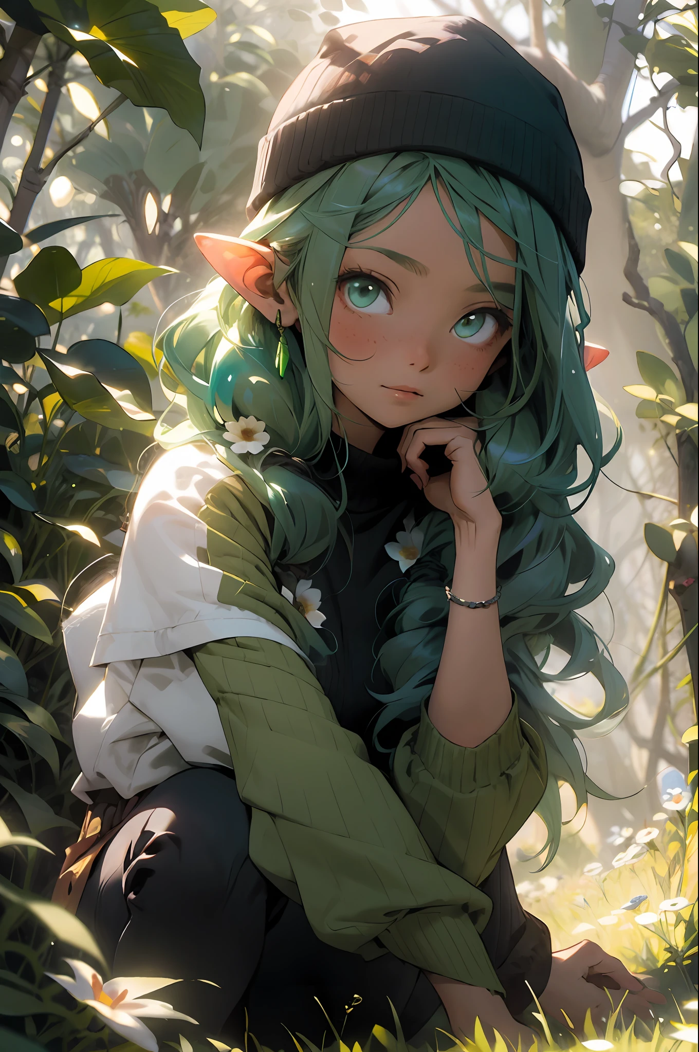 Alta calidad, cabello verde, una trenza, fondo de flores, luz en el frente, escenario diurno, gorro verde, mujer con orejas de elfo, fondo de bosque, flores, muchos adornos