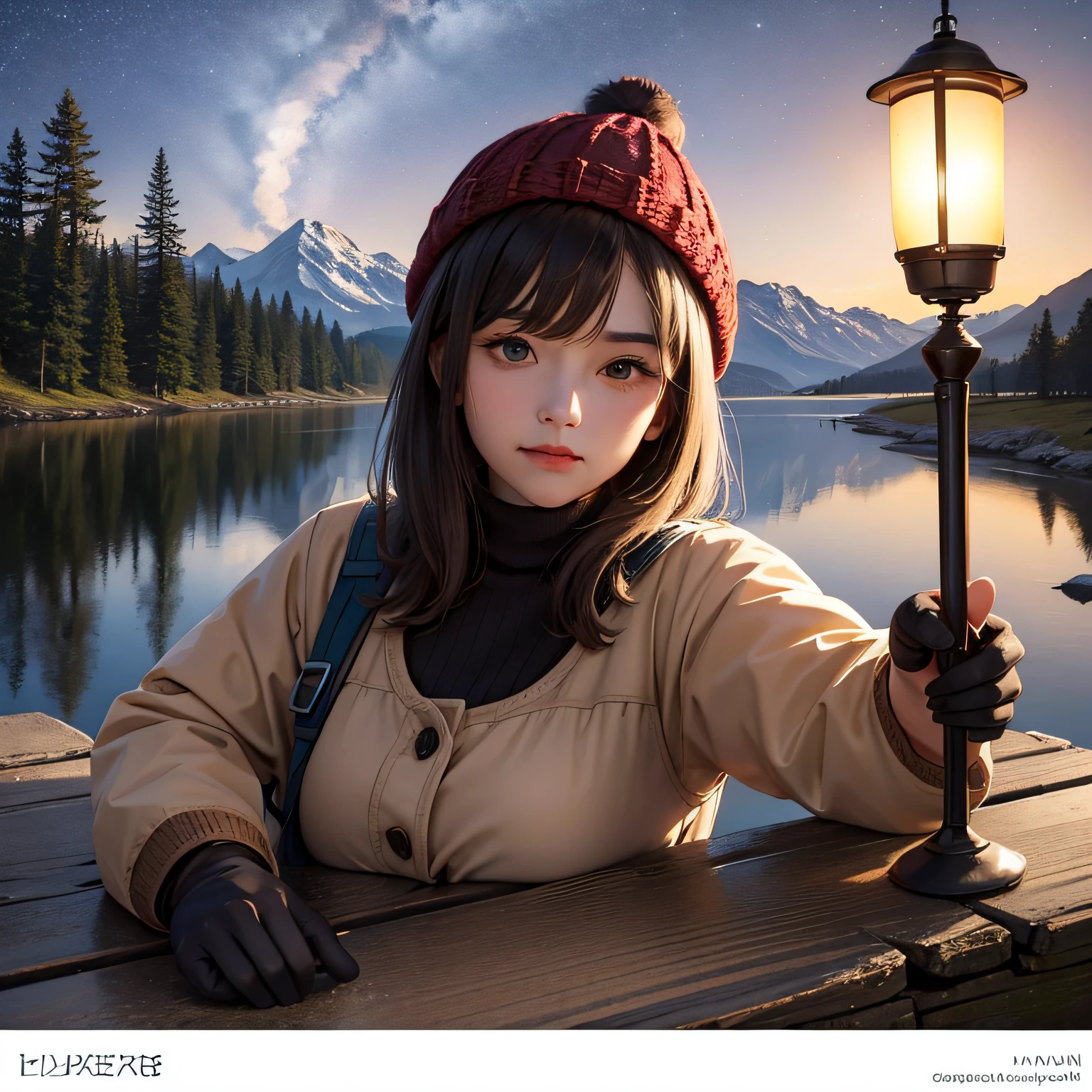 1 woman ((upper body selfie, happy)), masterpiece, best quality, ultra-detailed, ground, outdoor, (night), mountains, nature, (stars, moon) cheerful, happy, backpack, bag sleeping bag, camping stove, water bottle, mountain boots, gloves, sweater, hat, lantern, forest, rocks, river, wood, smoke, shadows, contrast, clear sky, style, (warm hue, warm tone): 1.2), close-up, cinematic light, side lighting, ultra high resolution, best shadow, RAW, upper body, old man, wearing pullover