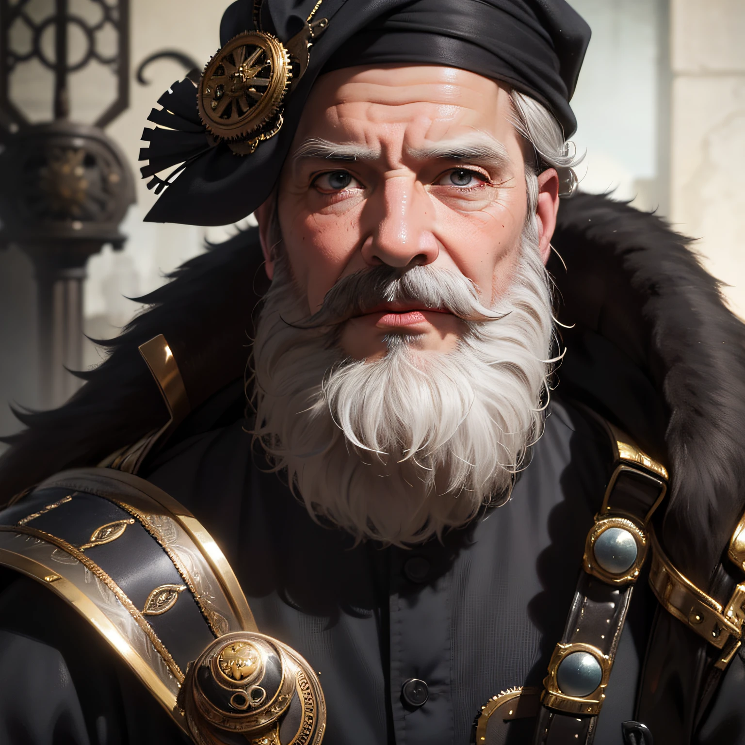 1boy, beard, blurry, blurry_background, blurry_foreground, depth_of_field, facial_hair, male_focus, manly, motion_blur, mustache, old_man, solo, upper_body, fantasy background, portrait, steampunk_bg