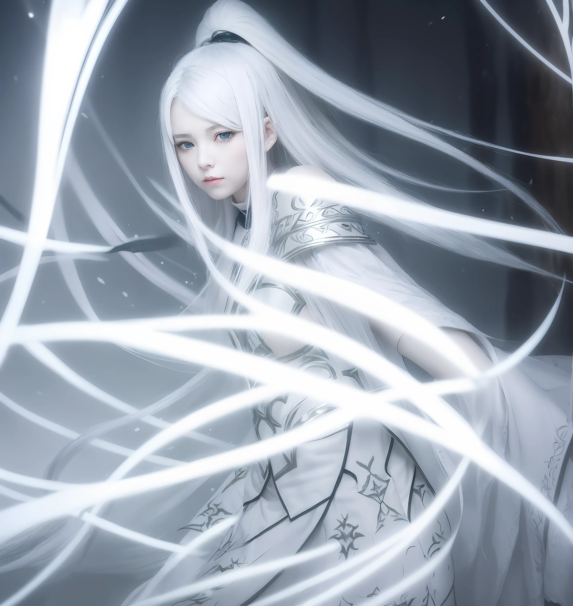 A girl with sharp beauty, white hair, white eyes without irises, pale white skin, wearing a warrior clothes