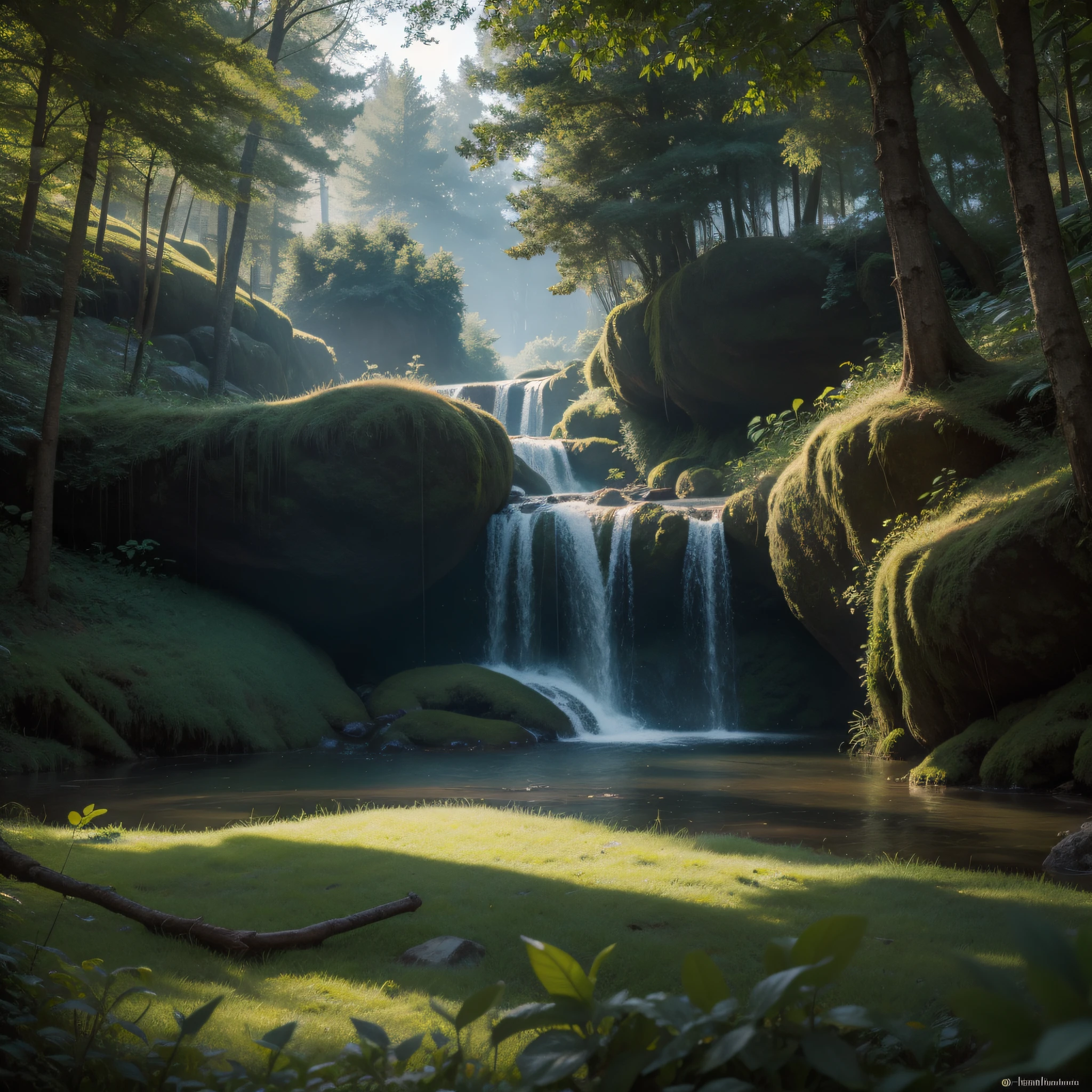 "lush forest, dynamic low-angle view with frontal lighting, high level of detail"