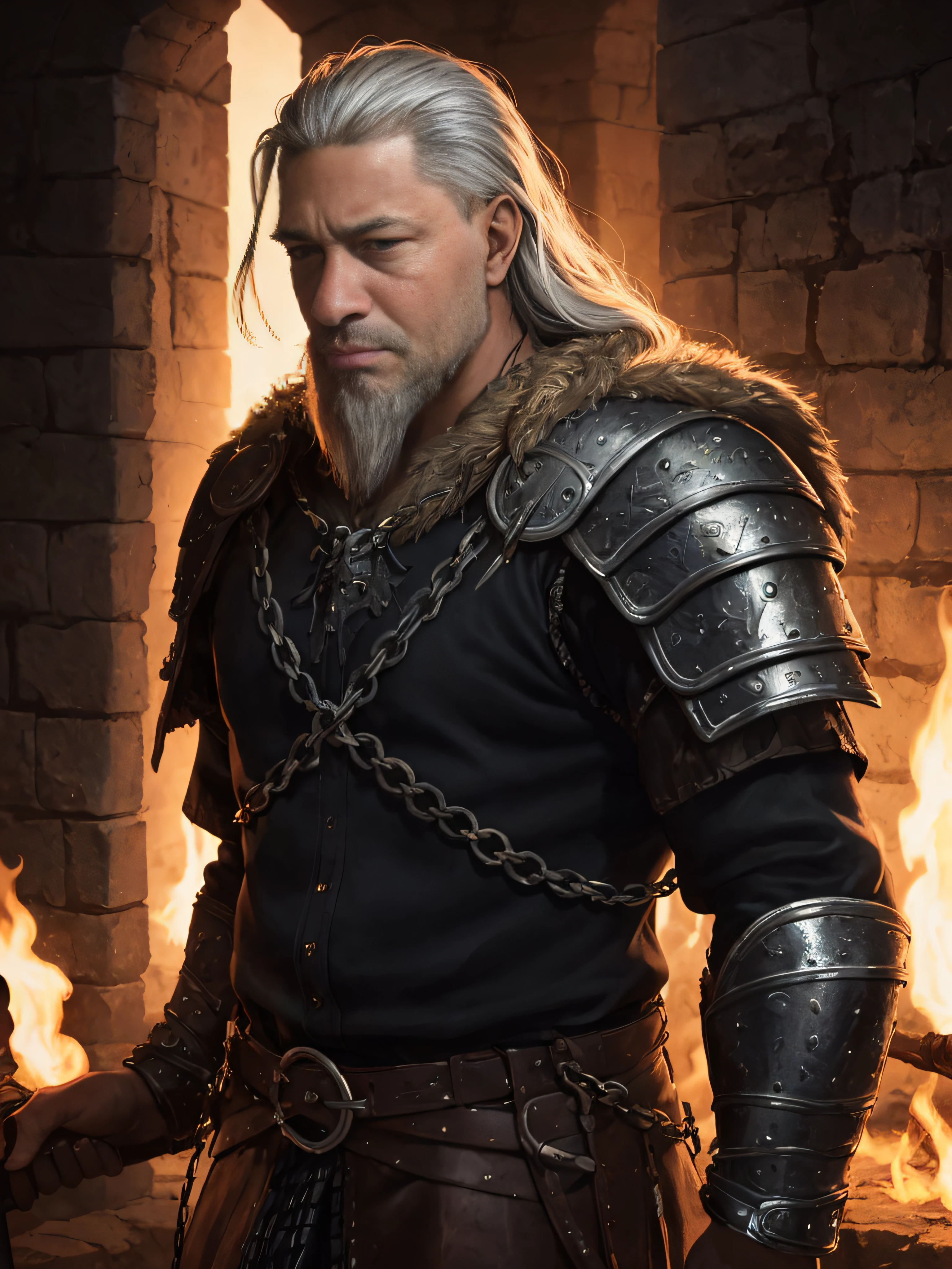 (Highest quality:1.3), cinematic shot, masterpiece, (sharp focus:1.5), (photorealistic:1.3),  medium portrait of (a weary-looking but still proud and fierce-looking old Viking warrior, now the leader of his village, dressed in elaborately detailed chain mail and leather armour, a few torches burn on the walls, giving the scene a dark atmosphere but sculpting the forms in sharp chiaroscuro), it is night time, (highly detailed skin),  (detailed face), detailed background, dark lighting, twilight lighting, volumetric lighting,  intricate details, UHD,