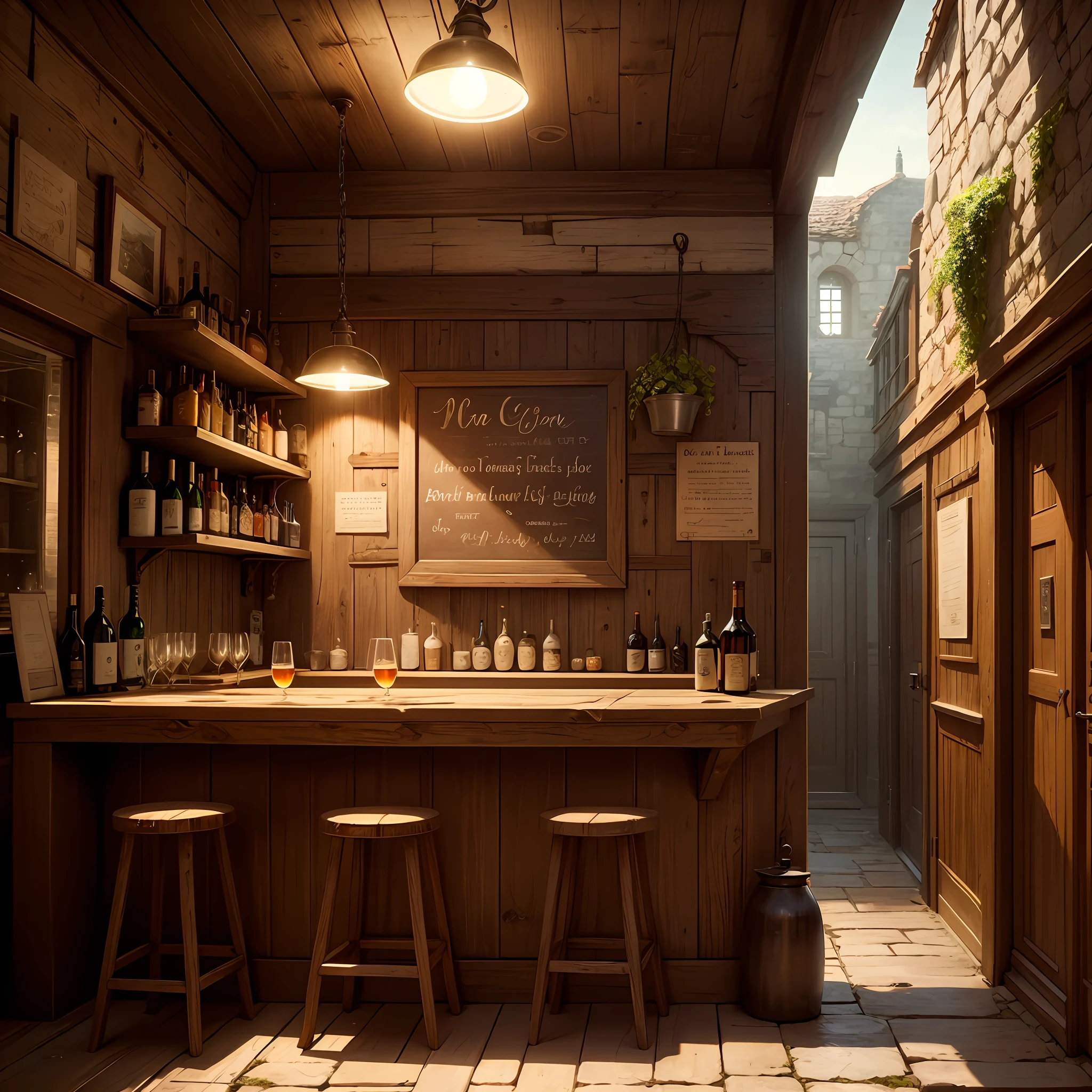 Masterpiece, realistic image of a rustic medieval bar. Genre Fantasy, Fiction. --auto