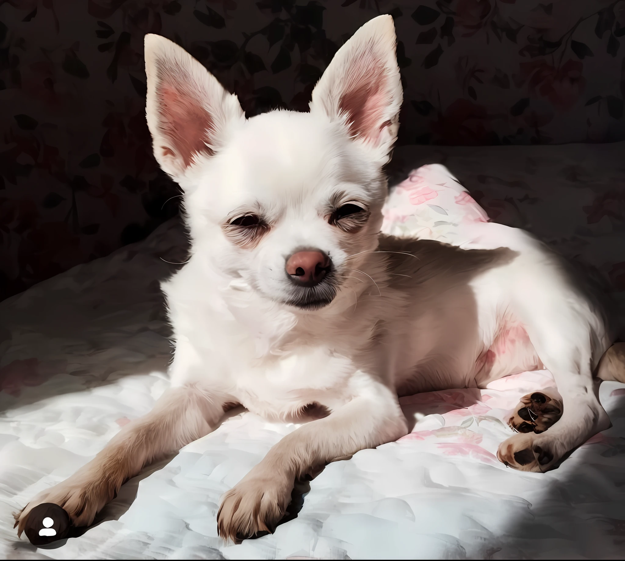 there is a white dog that is laying down on a bed, Chihuahua, Chihuahua de cabelos longos, peludo bonito precisa de sua ajuda, God had the head of the Chihuahua dog, olhos enormes, small white dog at her side, she has beautiful bone structure, ela tem cerca de 1 6 anos de idade, foto de uma bela, her face looks like an orchid, sentada em sua cama