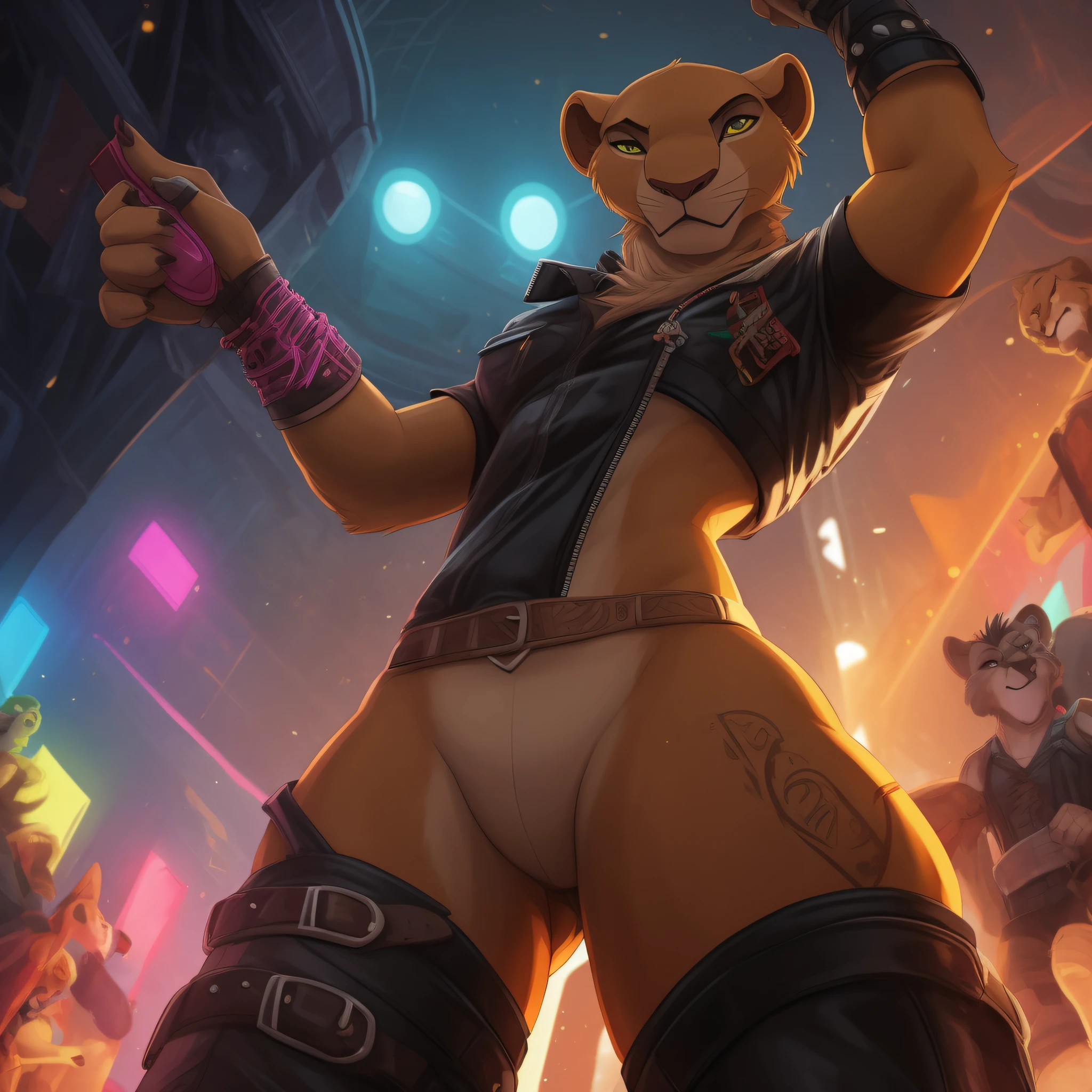 nala lioness, the lion king 2, punk style suit (((perfect anatomy))), anthro, low angle view, rave scene, piercing ear, sfw