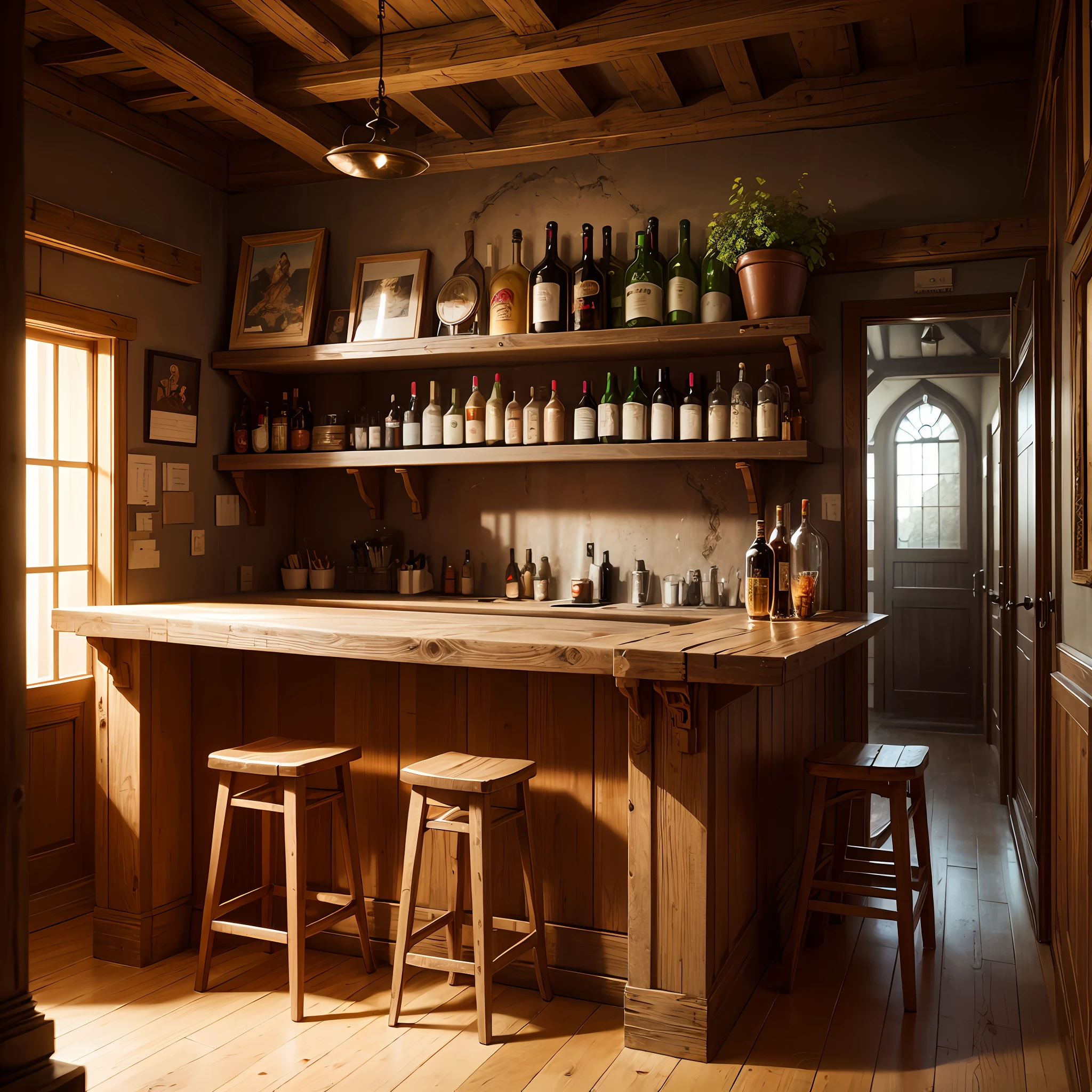 Masterpiece, realistic image of a rustic medieval bar. Genre Fantasy, Fiction. --auto