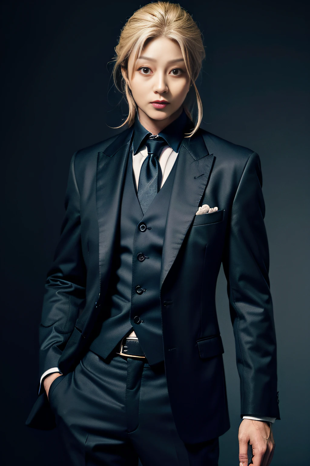 Best quality, masterpiece, ultra high res, (photorealistic:1.4), raw photo, 1girl, blonde hair, blue eyes, detailed eyes and face, black suit, dynamic lighting, in the dark, deep shadow, low key, cowboy shot full-lenght body