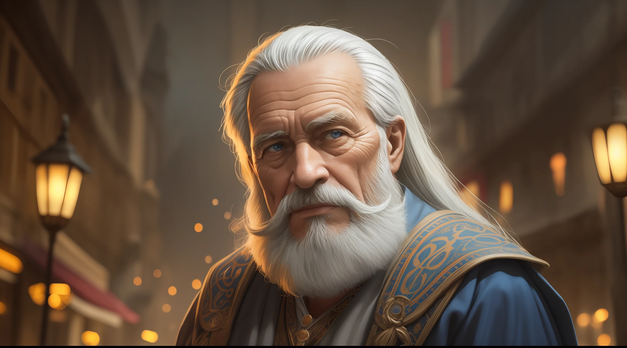 A memorable scene from an ancient city, where a 90-year-old elderly sage with long gray hair, long gray beard, looks at the camera. The environment is immersive with realistic details and the lighting is perfect to add drama and depth to the scene. (hdr: 1.4), (soft colors:1.2), highly detailed, (artstation:1.4), cinematic, warm lights, dramatic light, (intricate details:1.1), complex background, (rutkowski:0.66), (blue and orange :0,4)