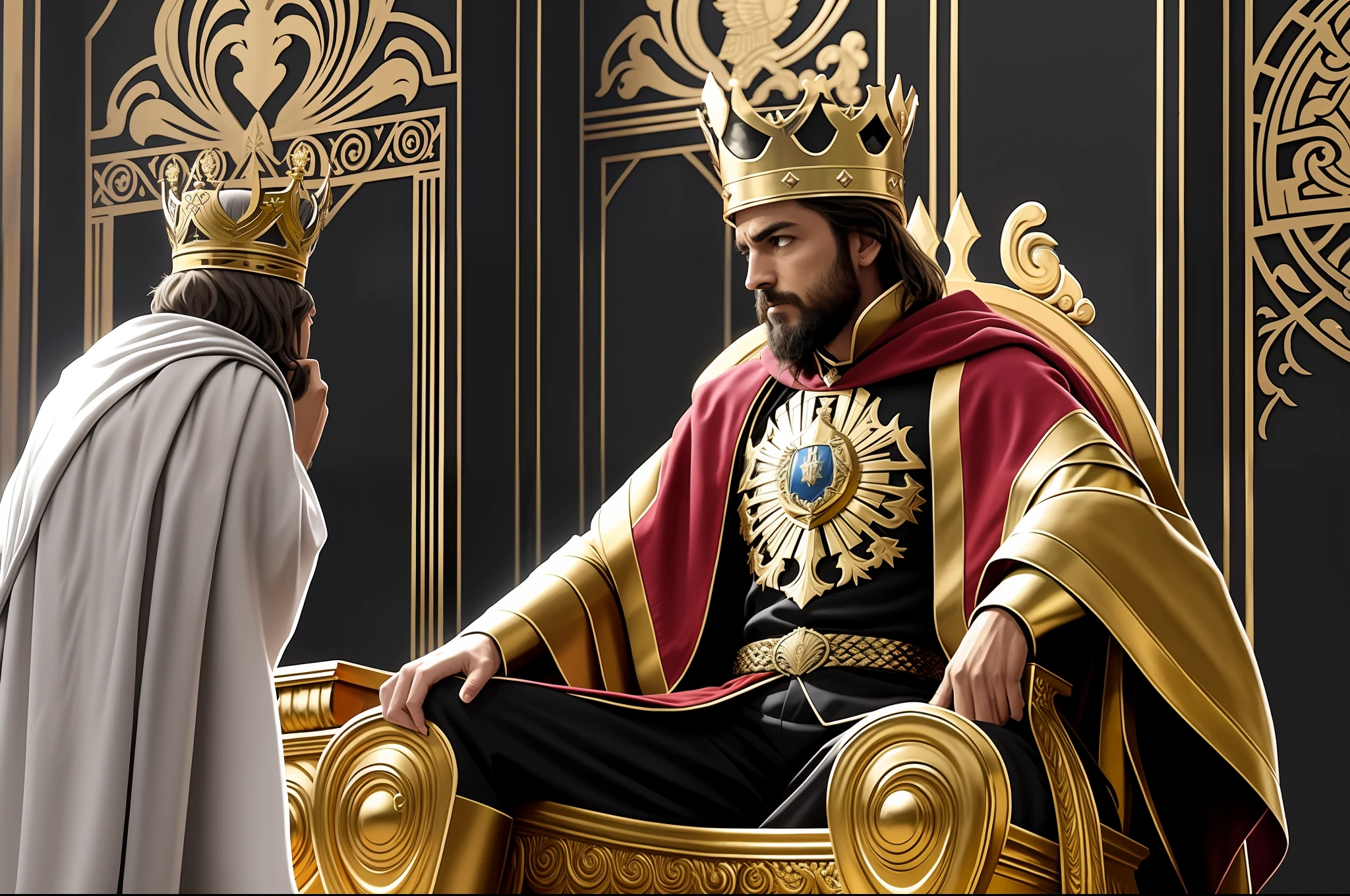 Image of a man sitting on a throne with a crown on his head, Velho Rei Medieval, sentou-se em seu trono, sentado em seu trono, Grande Rei de Stovokor, sentado em um trono de ouro, irado, granting him a noble title, descansando em seu trono, em uma sala do trono, sentado em um trono dourado, irado por causa de uma guerra, gritando irado, irado gritando