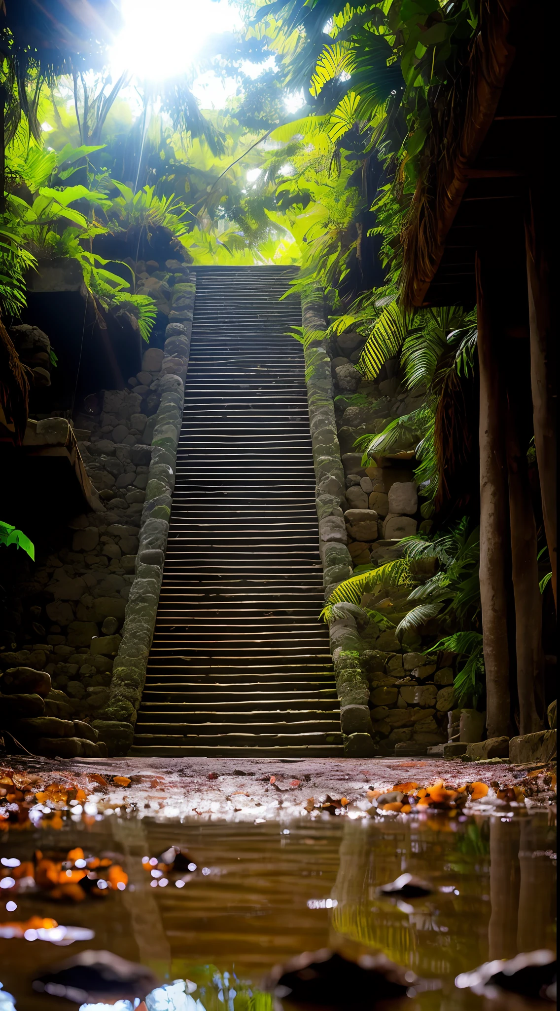 obra maestra, panoramic, fotorrealista, ((Perfect lighting)), (Contre-Jour), (Fujifilm XT3), (camera f1.6 lentes), (volumetric illumination), (rewarded photography):Amazing ancient pre-Hispanic Aztec building, rodeado por una inmensa laguna azul turquesa, Temple of Quetzalcoatl, extremadamente detallado, abandonado,  el agua tiene la sombra de una serpiente gigante que cuida el lugar sagrado, intrincado, dslr, autofocus, clear, contraste y colores perfectos Lugar sagrado de la cultura antigua azteca, Hidden in the Amazon rainforest,