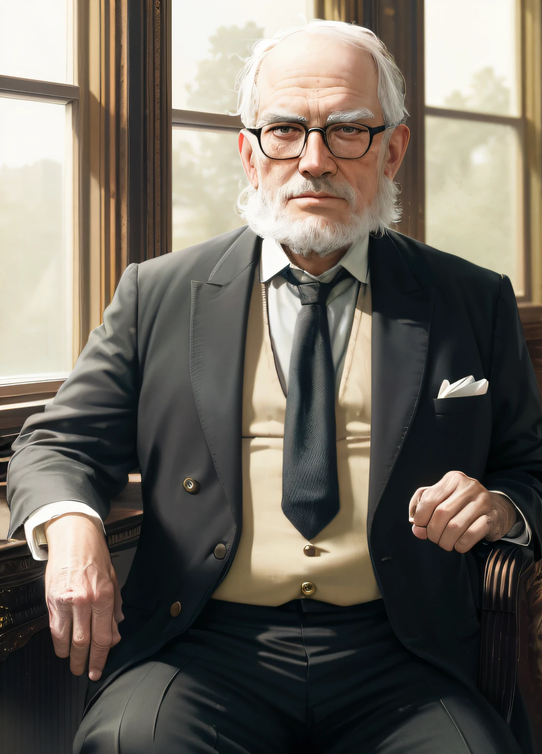 There is a man sitting in a chair wearing a suit and tie, epic and elegant portrait, inspirado no artista de personagens seniores, 3d render senior artist, Roupas do Professor, Retrato de Sigmund Freud, arte conceitual ultra realista, Cinematic realistic portrait, um velho, 8k portrait render, Coronel Sanders, retrato de alta qualidade, um retrato do personagem