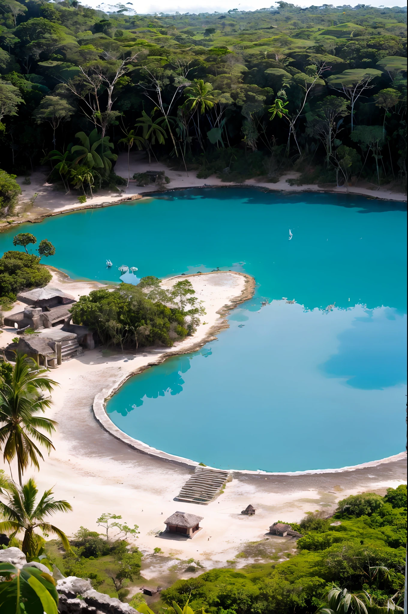 Obra maestra, panoramic, fotorrealista, ((Perfect lighting)), (Contre-Jour), (Fujifilm XT3), (camera f1.6 lentes), (volumetric illumination), (rewarded photography):Incredible pre-Hispanic old building in the middle of an immense turquoise blue lagoon, Temple of Quetzalcoatl, extremadamente detallado, abandonado,  Intríncar, Lugar sagrado de la cultura antigua azteca, Hidden in the Amazon rainforest,