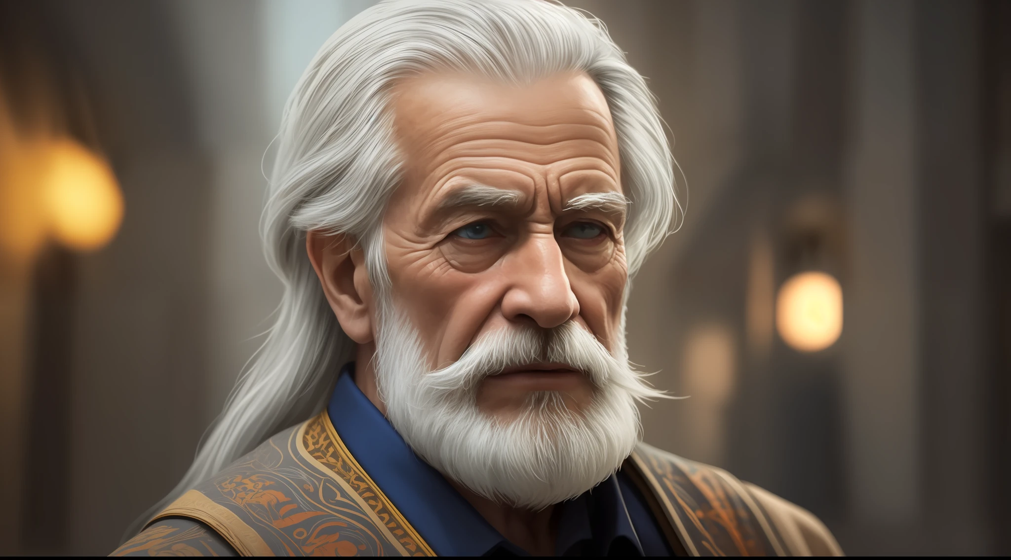 A memorable scene from an ancient city, where a 90-year-old elderly sage with long gray hair, long gray beard, looks at the camera. The environment is immersive with realistic details and the lighting is perfect to add drama and depth to the scene. (hdr: 1.4), (soft colors:1.2), highly detailed, (artstation:1.4), cinematic, warm lights, dramatic light, (intricate details:1.1), complex background, (rutkowski:0.66), (blue and orange :0,4)