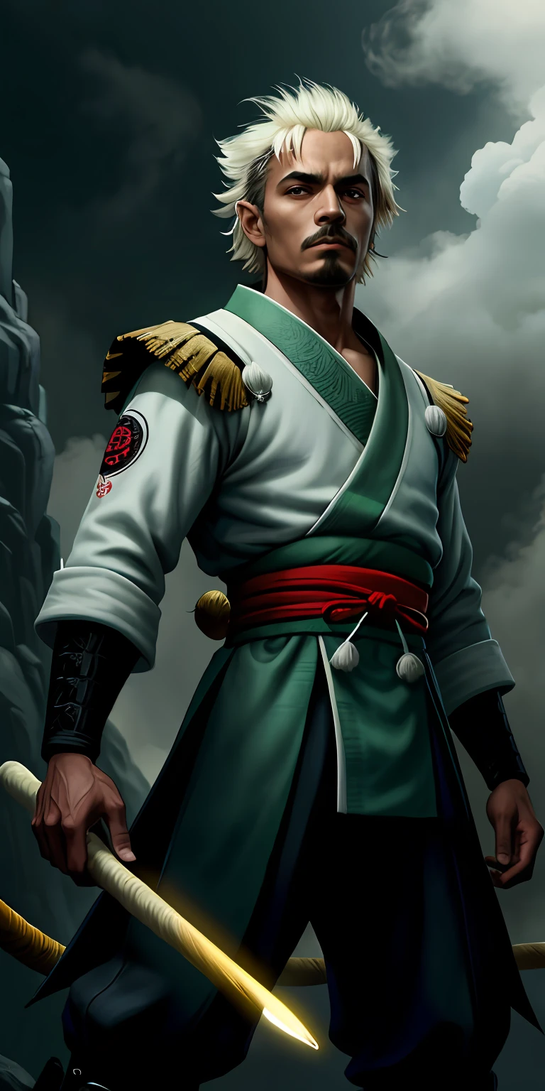 Samurai segurando espada, roupa samurai sobre uma terra quebrada, Espada Samurai com aura verda , albert einstein, (tempestade de detritos de poeira ventosa:1.1) Volumetric mist mist ray tracing z pass bright light from below, (obra-prima) (melhor qualidade) (detalhado) (8k) (cinematic lighthing) (foco nítido) (intrincado)