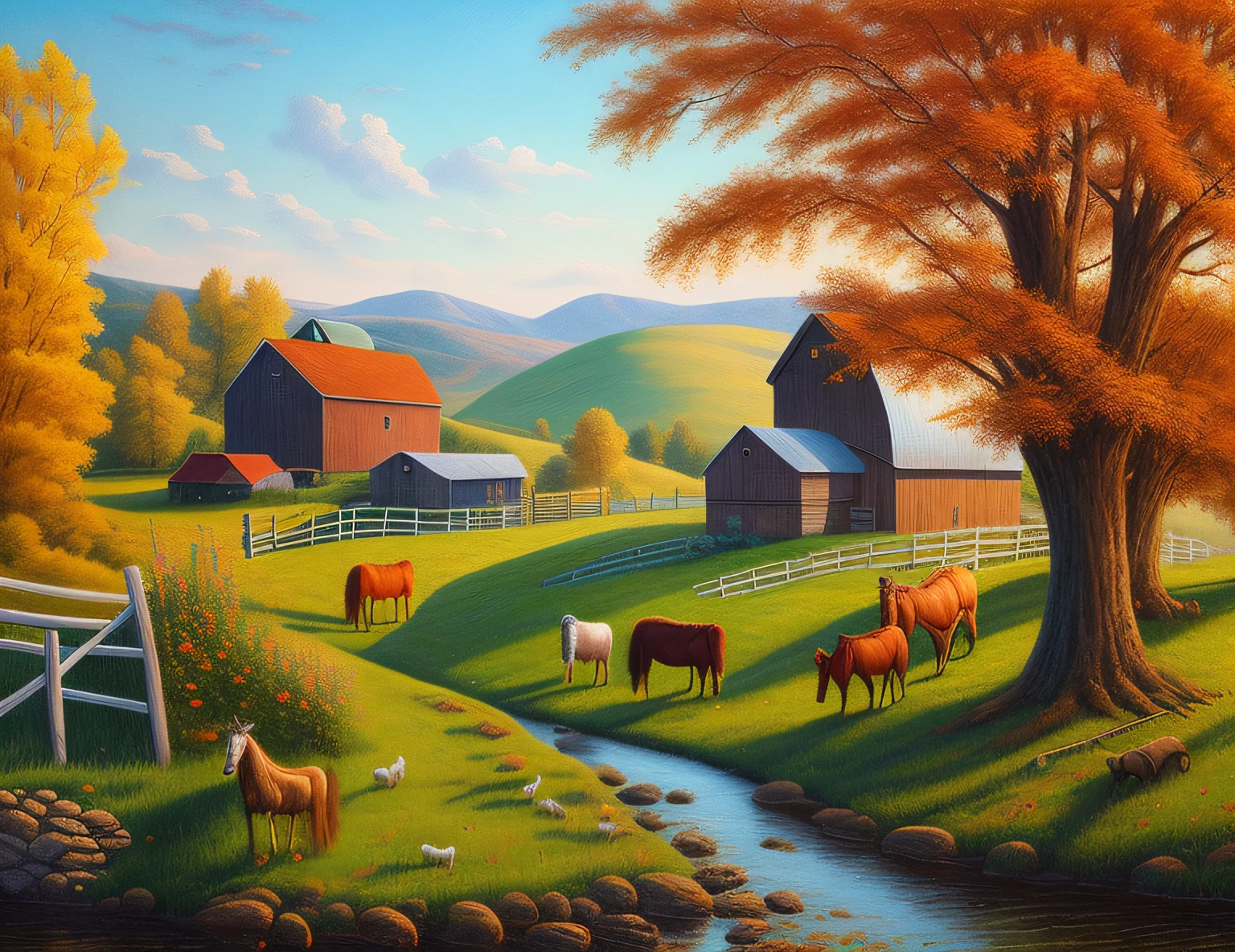 high quality comic of a farm scene with horses grazing in the pasture, scenery art detailed, rural splendor, scenery artwork, country landscape, detailed scenery —width 672, beautiful art uhd 4 k, detailed painting 4 k, inspired by Terry Redlin, beautiful high resolution, 8 k hd detailed oil painting, peaceful scene, painted in high resolution, landscape - scenery by artist john sloane