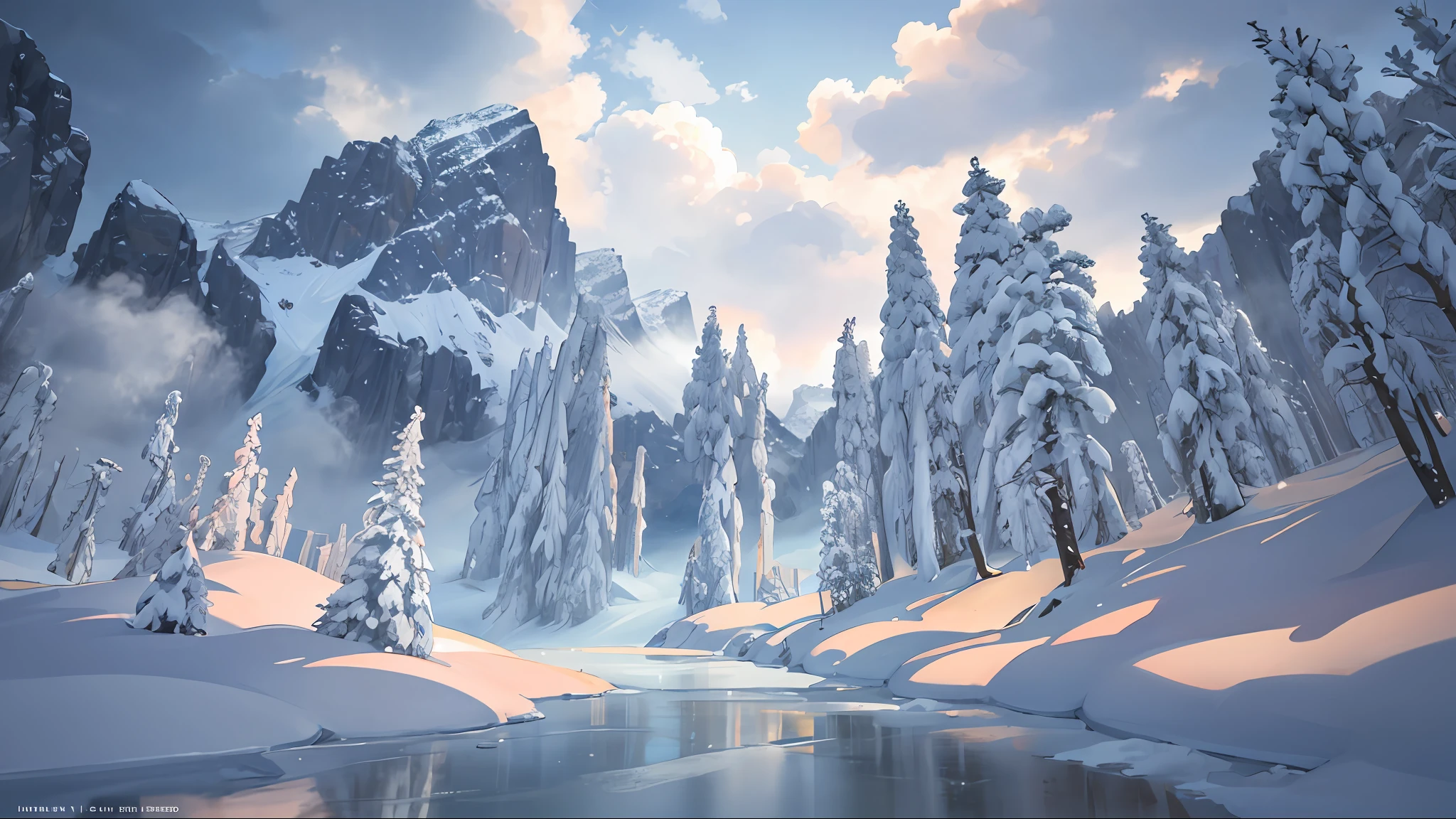 Twilight, winter, snow, ice, meadows, clear lakes, heaven, large clouds, blue sky, HD detail, wet watermark, hyper-detail, cinematic, surrealism, soft light, deep field focus bokeh, distant view is snowy mountains, ray tracing, and surrealism. --v6