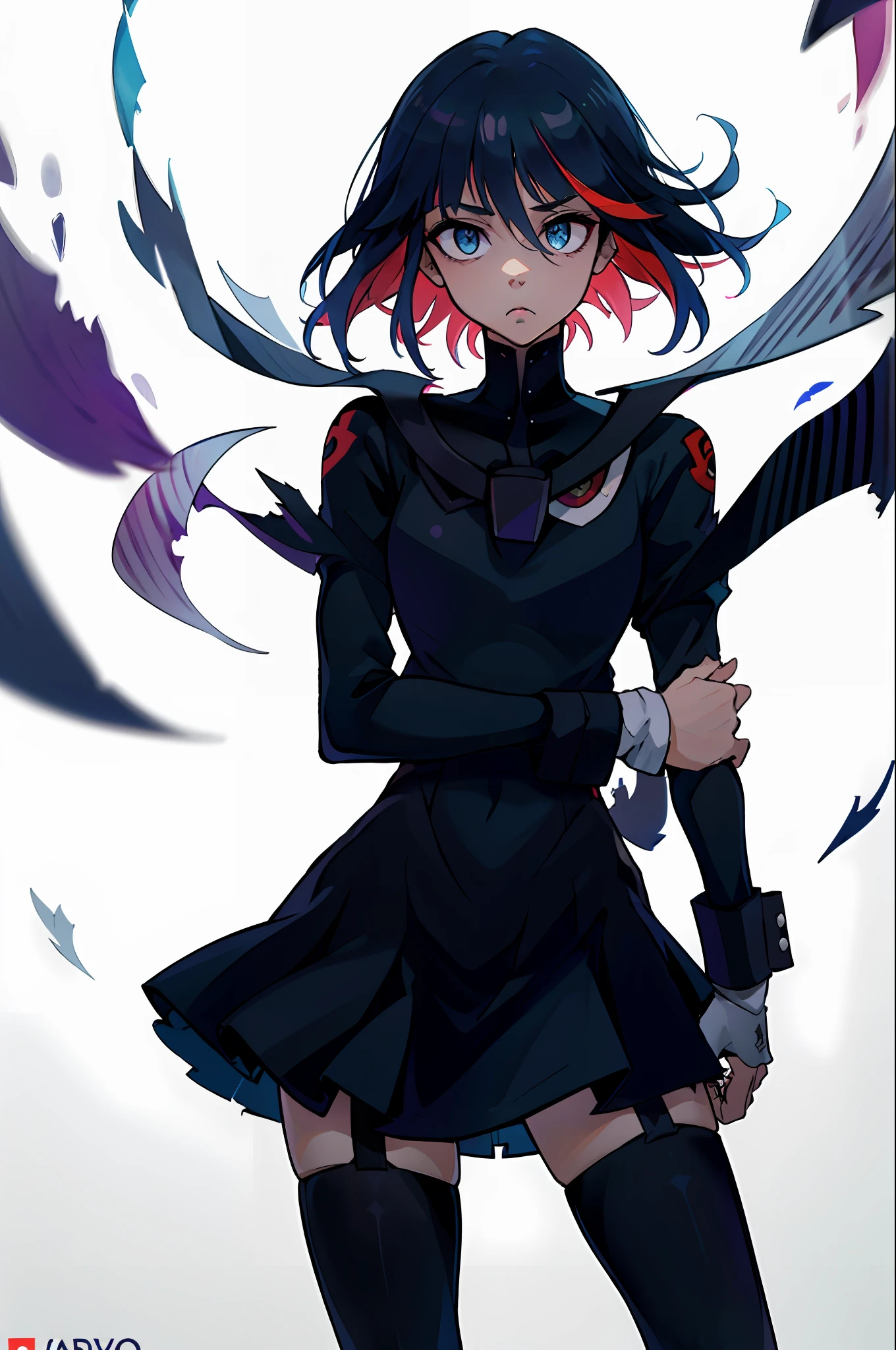 absurdos, best quality, androgynous, sozinho, Olhando para o Viewer, Crona, Matoi Ryuko, Anarchy Stocking, (nervoso:1), (assustado:0.75), (hand on own arm:0.5), Abotoaduras,  cabelo entre os olhos, vestido preto, cabelo roxo, franja contundente, boca fechada, retalhos capilares, mangas compridas, pupils of the solid circle, olhos negros,