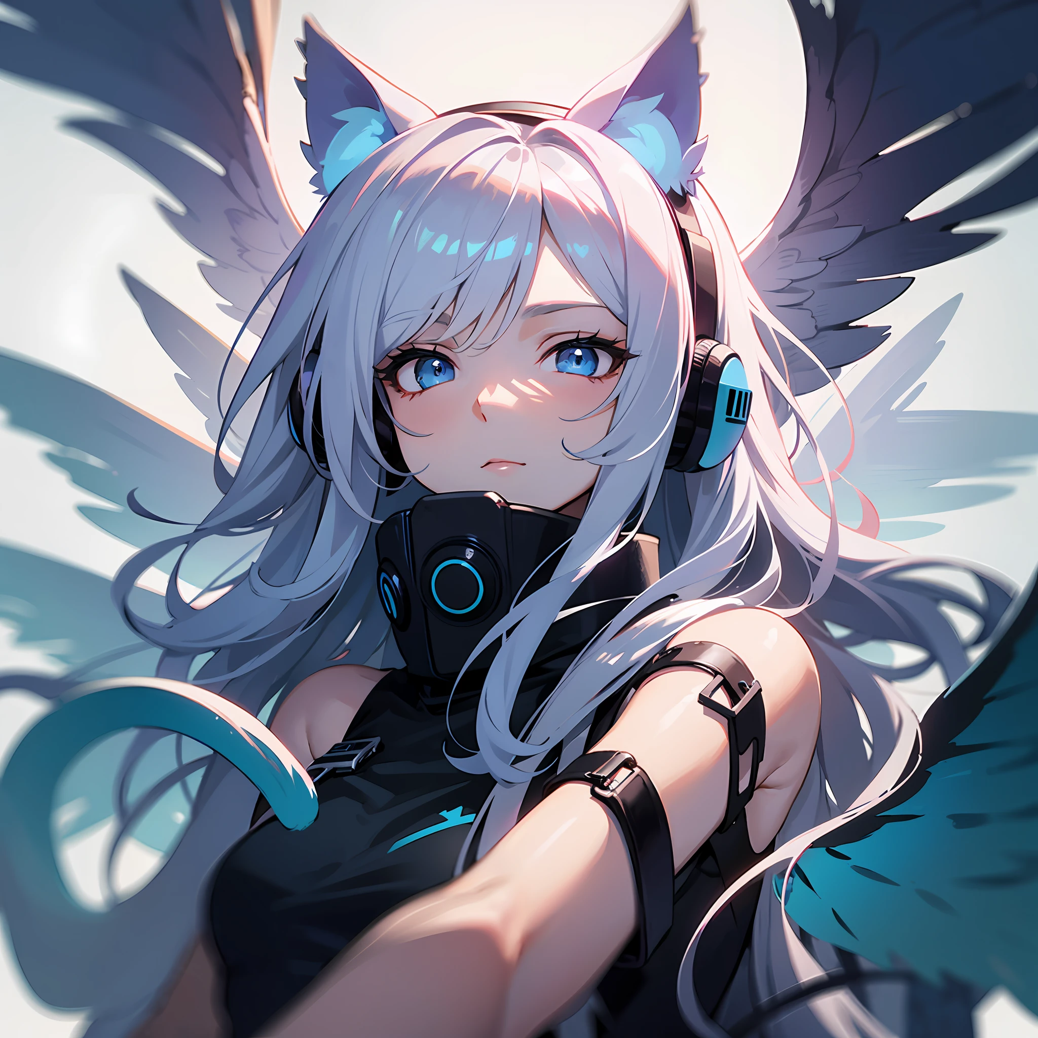 详细的脸,Deities,Very long cat tail,divino,Six wings((best qualtiy,8K,tmasterpiece:1.3))),Clear focus:1.2,Highly Detailed Face and Skin Textur,long white hair,eBlue eyes,Blue cat ears,Blue headphones,Overlooking --auto