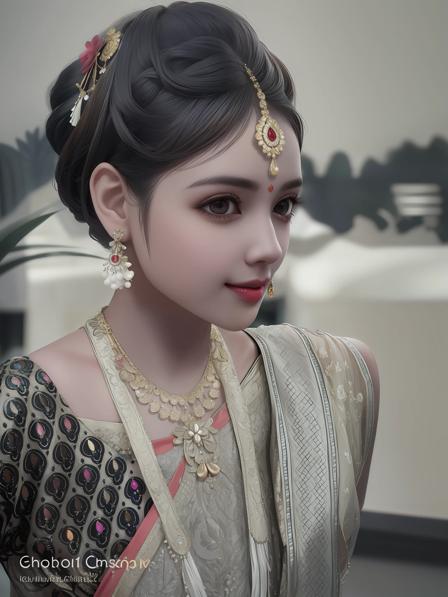a close up of a woman wearing a sari and a necklace, traditional beauty, dressed in a sari, * colour splash *, indian, indian girl with brown skin, a beautiful young woman, dramatic smile pose intricate, indian style, photo taken with canon 5d, coy expression wearing intricate, wearing traditional garb, adorned with precious stones, looking from side, with lovely look