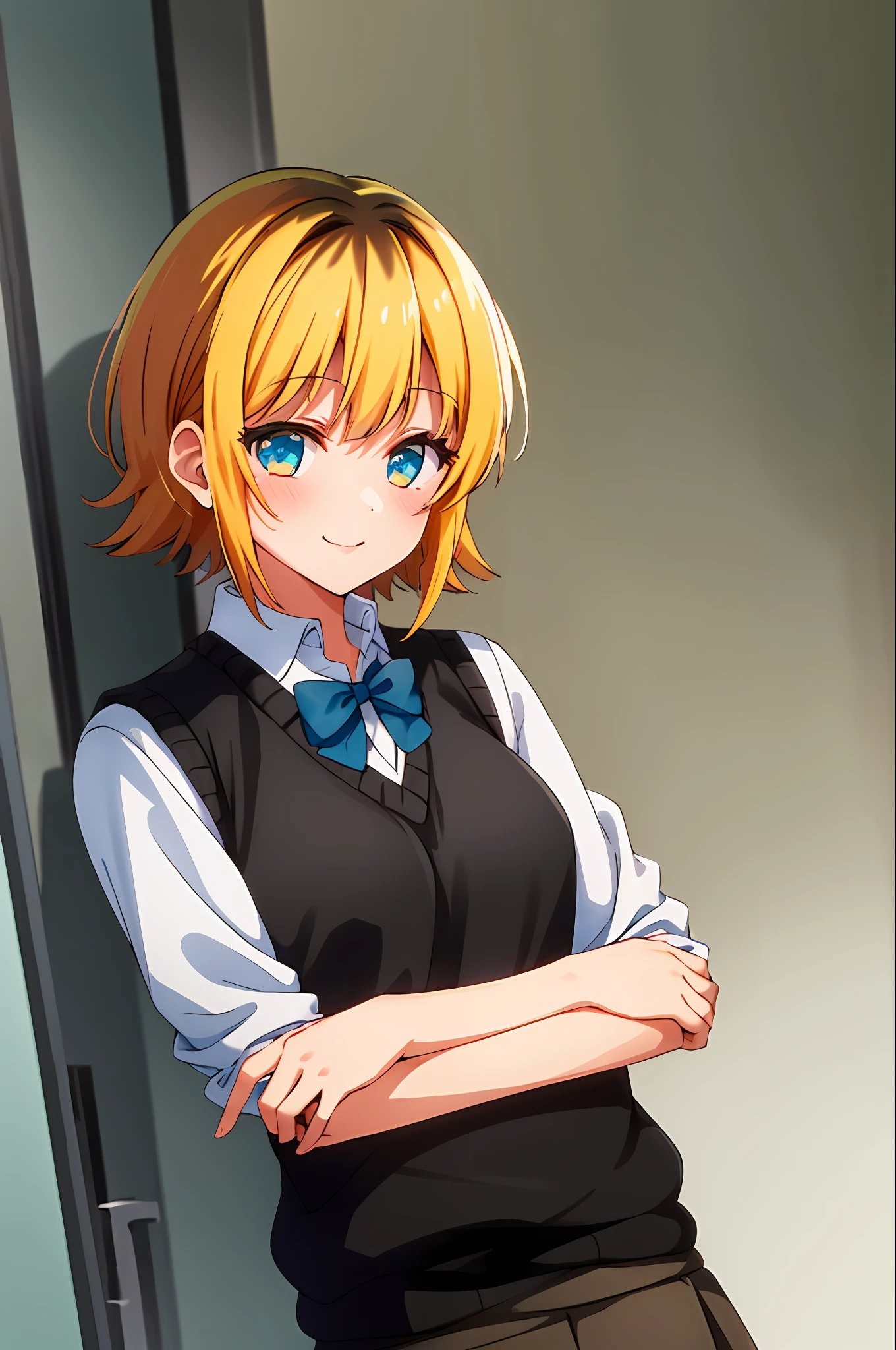 ​masterpiece, hightquality, Hi-Res, MEMcho, 1girl in, 独奏, cowboy  shot, skirt by the, Brown skirt, Black vest, Sweater Vest, Black shirt, Blue bow tie、The upper part of the body、a smile