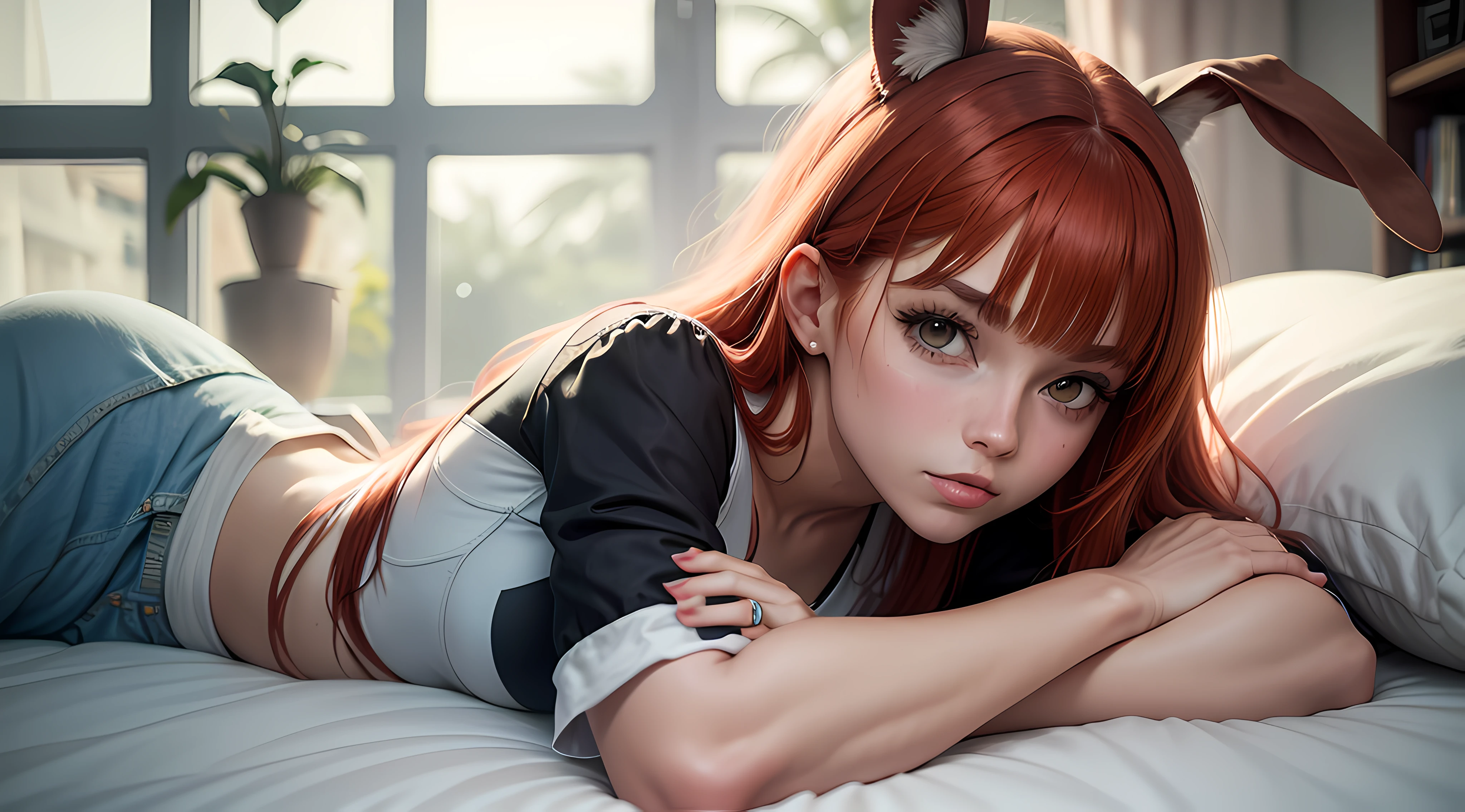 Make a girl dressed as a bunny lie on a bed having a drink Red-haired girl with bangs, 16k, estilo cinematografico, brilho e contraste destacando o personagem, estilo anime, estilo the king of fighters, artita shirinko, armonia perfeita com o cenario, estilo cinema, efeito cinema --auto