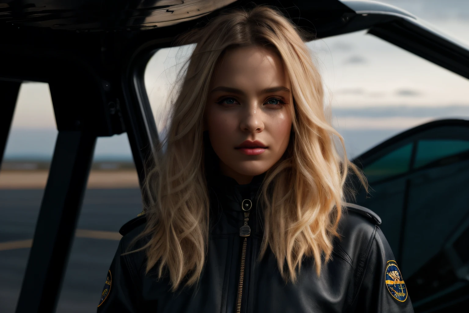 photorealistic full body portrait of stunning, sly female pilot in a hangar, old leather uniform, bomber jacket, (8k, RAW photo, best quality, masterpiece:1. 2), (realistic, photo-realistic:1. 37) ultra-detailed, beautiful detailed eyes, beautiful detailed lips, a captivating gaze, and an alluring expression. beautiful dynamic dramatic dark moody lighting, shadows, cinematic atmosphere, photograph, focal length, ((waist long, messy, wild, blonde, hair)),