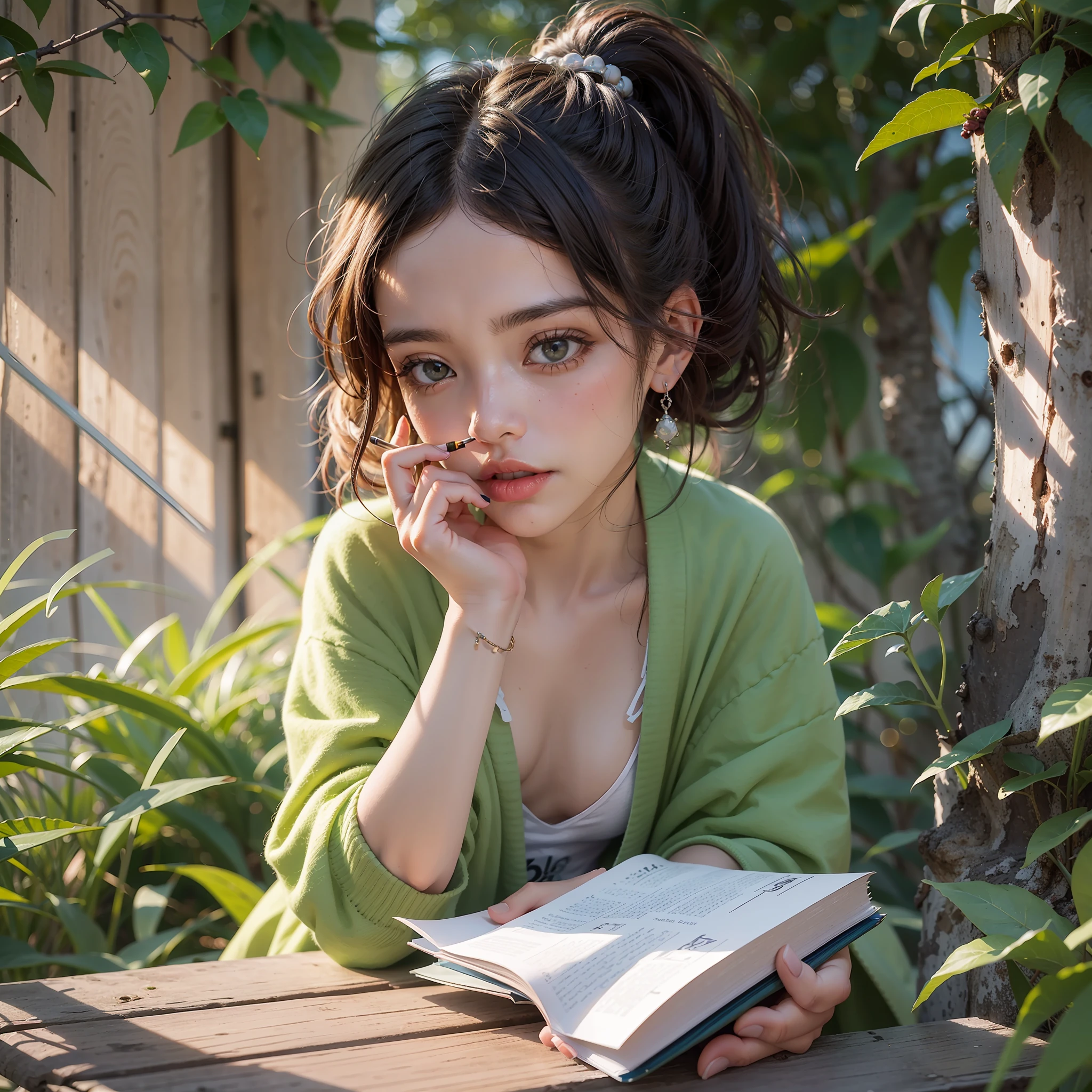 CBZBB, chibbi, garota morena super fofa, boca grande, nariz pequeno, olhos enormes verdes, fumando um cigarro, holding a book in one hand,roupas casuais, rosto de Rihanna, trending in the artstation, corpo inteiro, soft-lighting, muito detalhado, fundo detalhado, detalhes intrincados, foco nítido --auto --s2