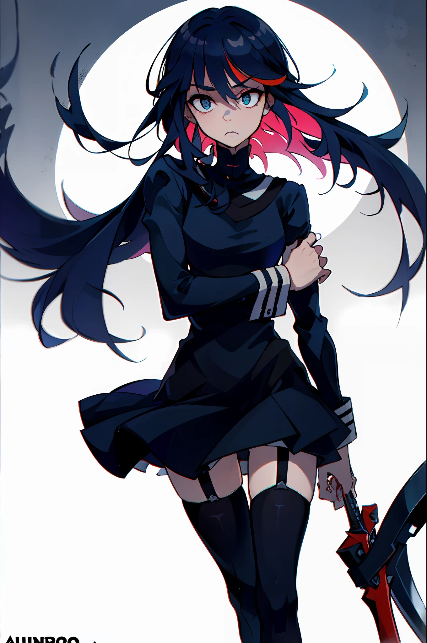 absurdos, best quality, androgynous, sozinho, Olhando para o Viewer, Crona, Matoi Ryuko, Anarchy Stocking, (nervoso:1), (assustado:0.75), (hand on own arm:0.5), Abotoaduras,  cabelo entre os olhos, vestido preto, cabelo roxo, franja contundente, boca fechada, retalhos capilares, mangas compridas, pupils of the solid circle, olhos negros,