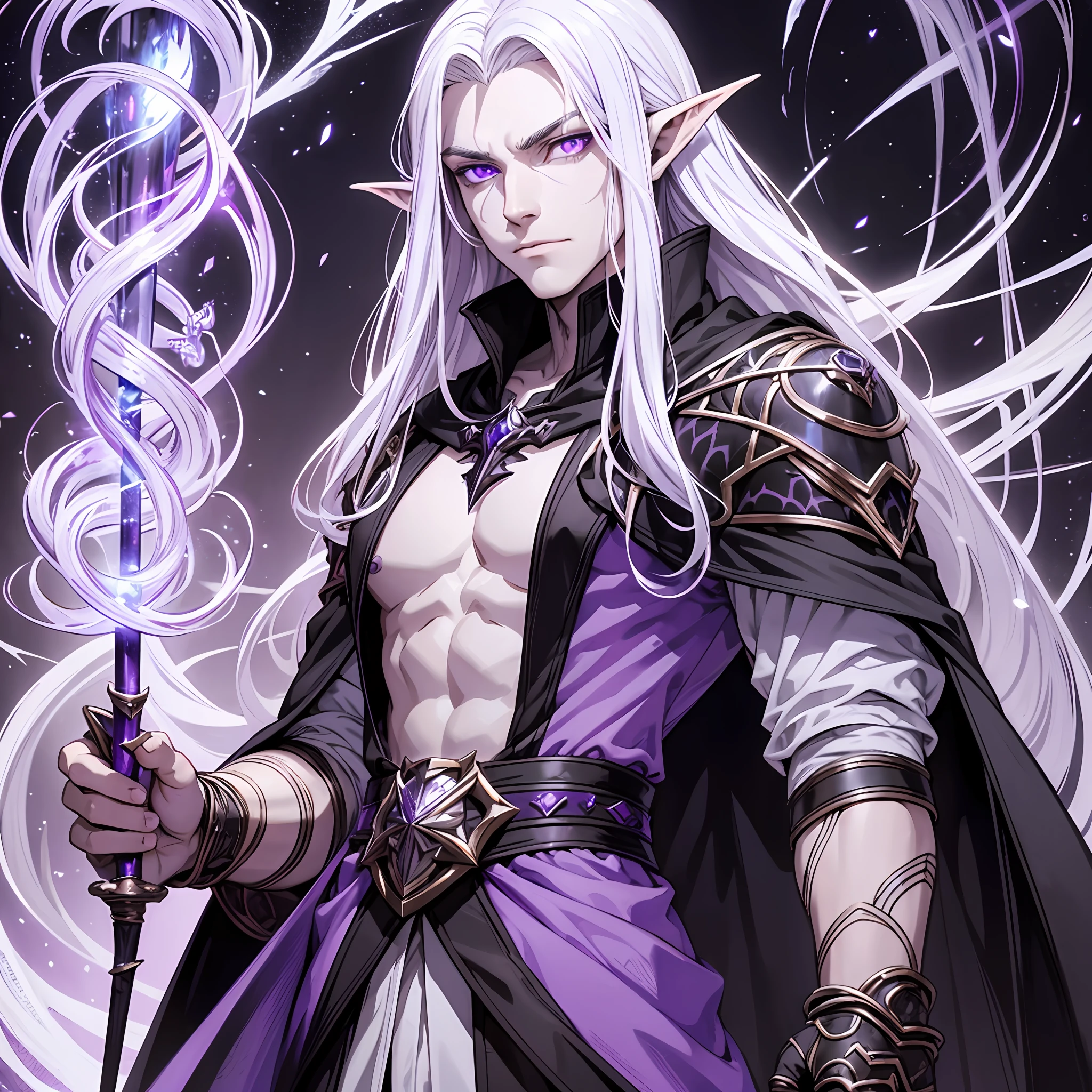 dungeons and dragons, male half elf, warlock, long white hair, violet eyes, dark clothes, proud, evil, magical, detailed face, detailed skin, detailed character, young, black clothing, black cape, he has purple eyes, purple eyes, hes young --auto --s2