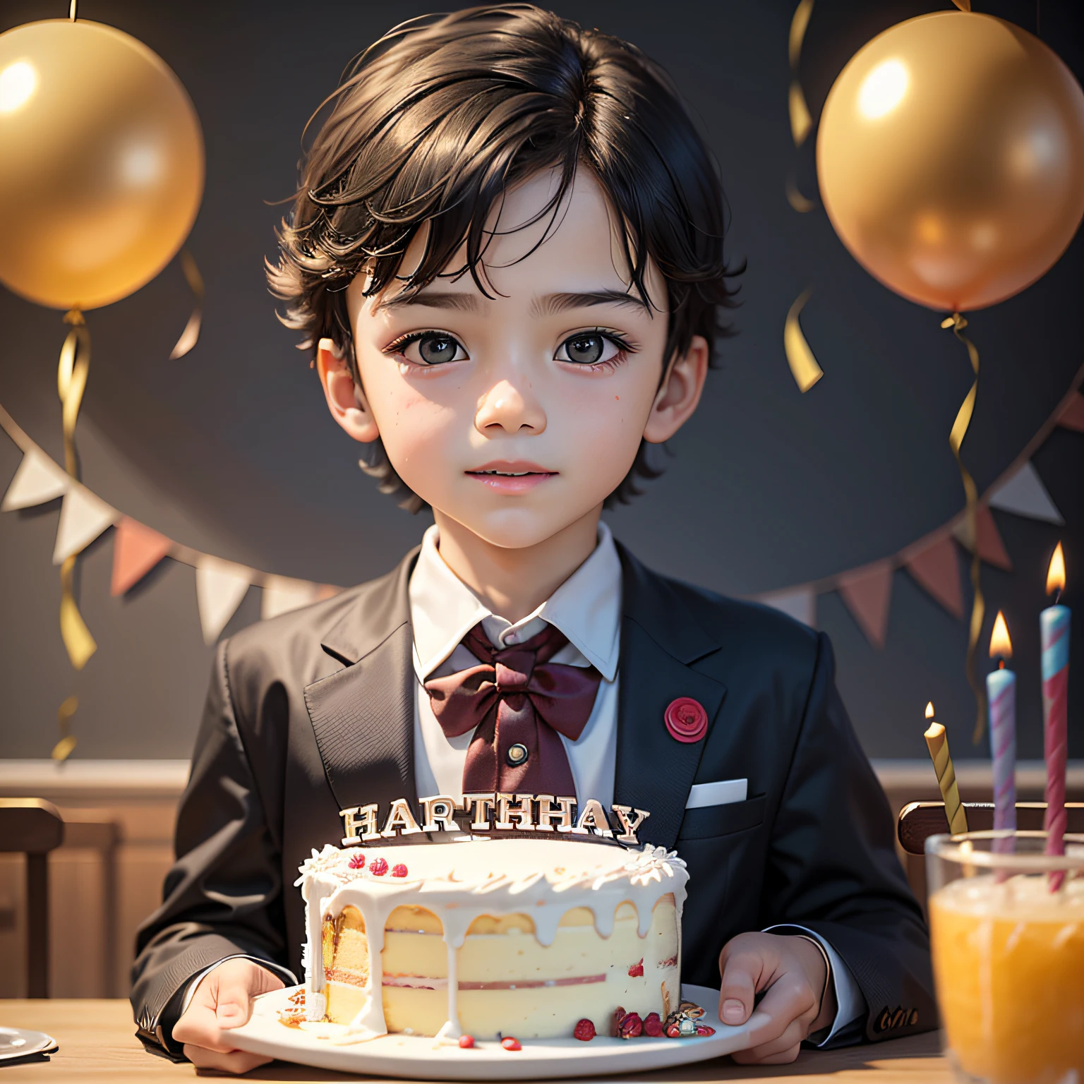 Make a 7--old celebrating his birthday with many classmates and plenty of ornament and a beautiful cake --auto