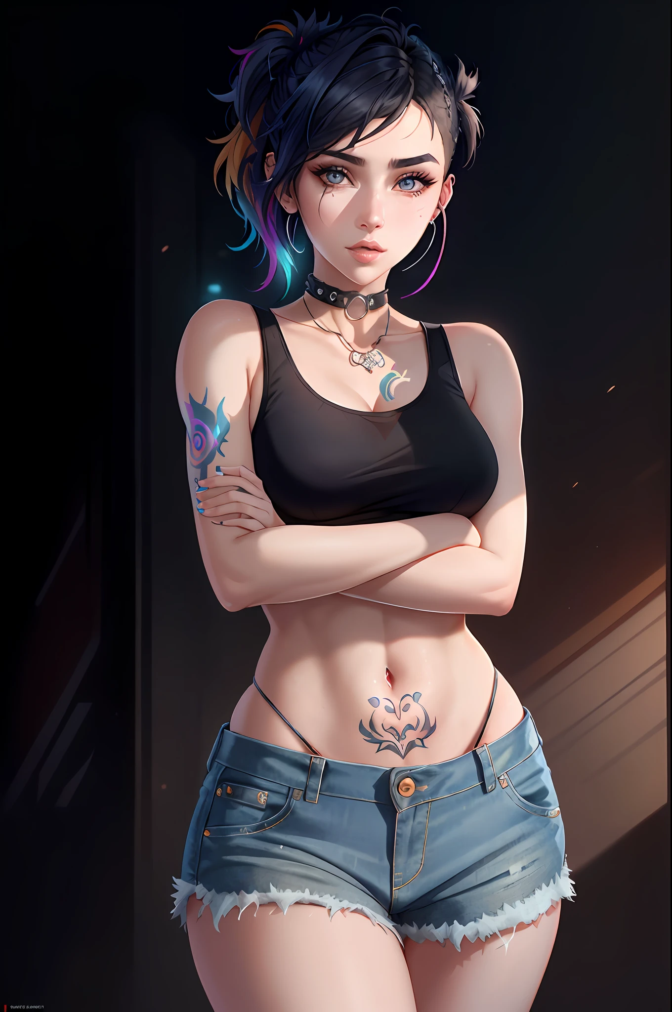 masterpiece, best quality, (colorful), (delicate eyes and face), volumetric light, ray tracing, extremely detailed CG unity 8k wallpaper, Judy alvarez, with the face of Dua Lipa, 1girl,small breasts, multicolored hair, undercut, jewelry, tattoo, tank top, overalls, belt, looking at viewer, cowboy shot, captivating pose, crossed arms, cyberpunk background