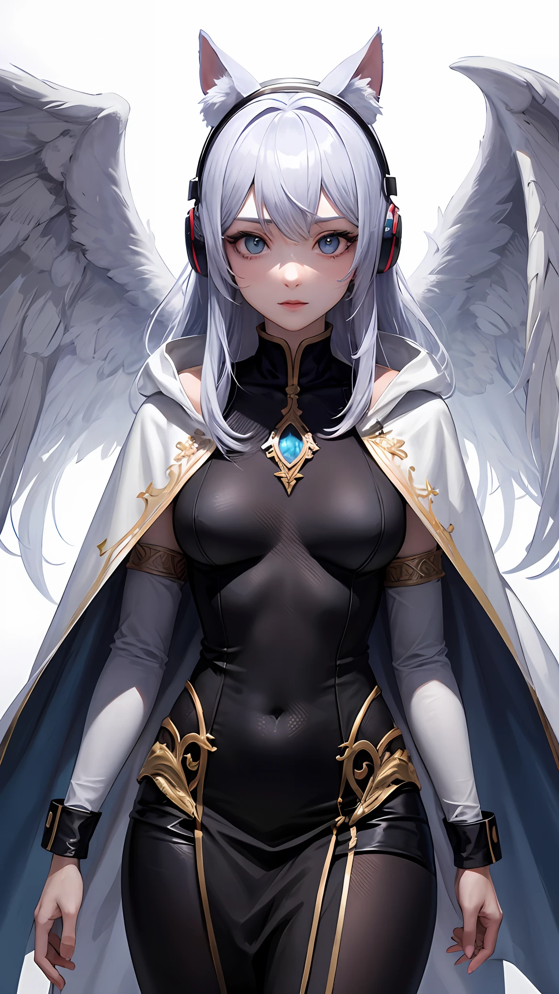详细的脸，Deities，Very long cat tail，divino，Six wings（（best qualtiy，8K，tmasterpiece：1.3））），Clear focus：1.2，Highly Detailed Face and Skin Textur，long  white hair，eBlue eyes，Blue cat ears，Blue headphones，Overlooking，White cloak，Blue line