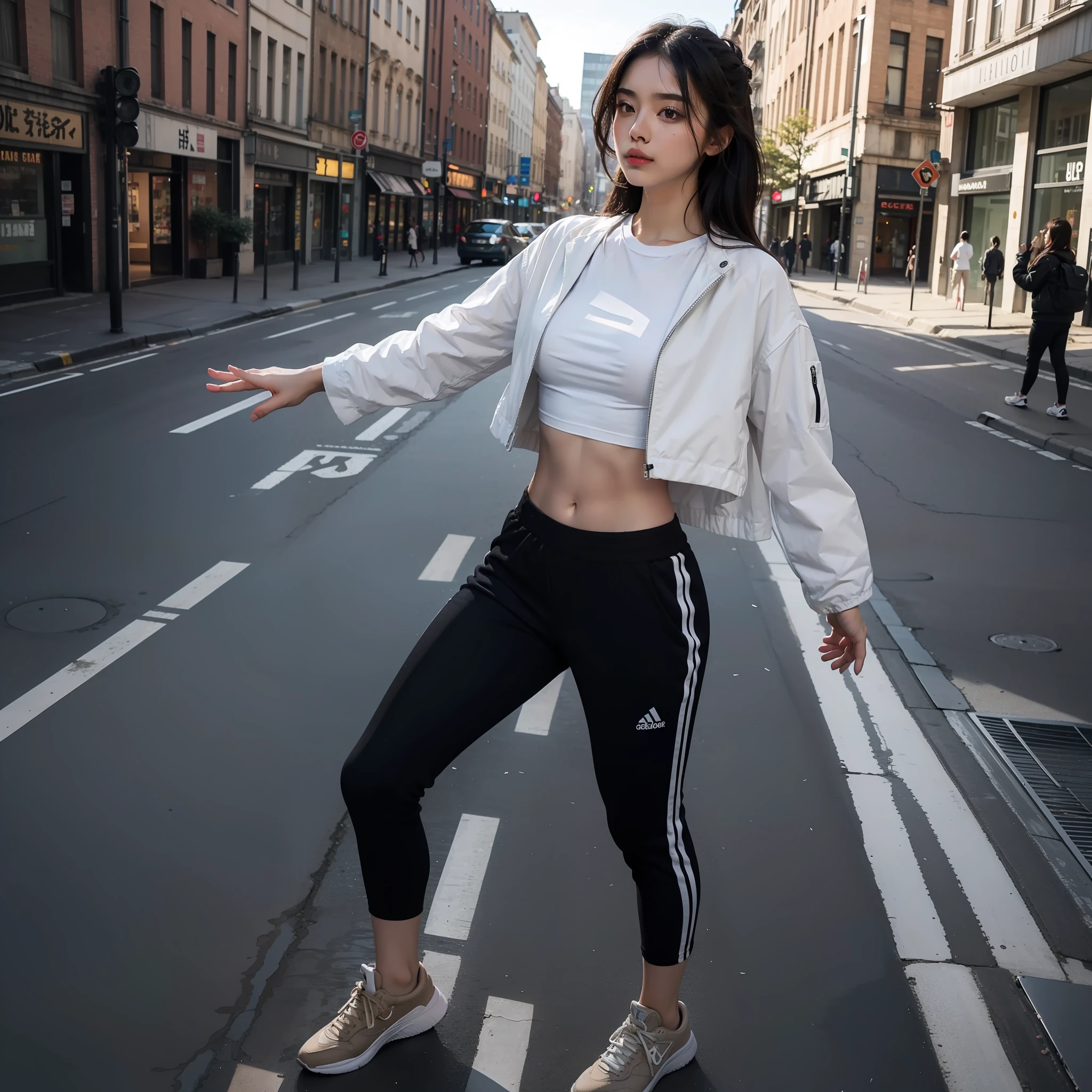 (masterpiece, top quality, best quality, beautiful), (1girl:1.4),full body,extreme detailed, highest detailed, (full body), white shirt,crop top jacket, training pants, black hair, (bound hairstyles), brown eyes, (deserted city scape), cute pose,