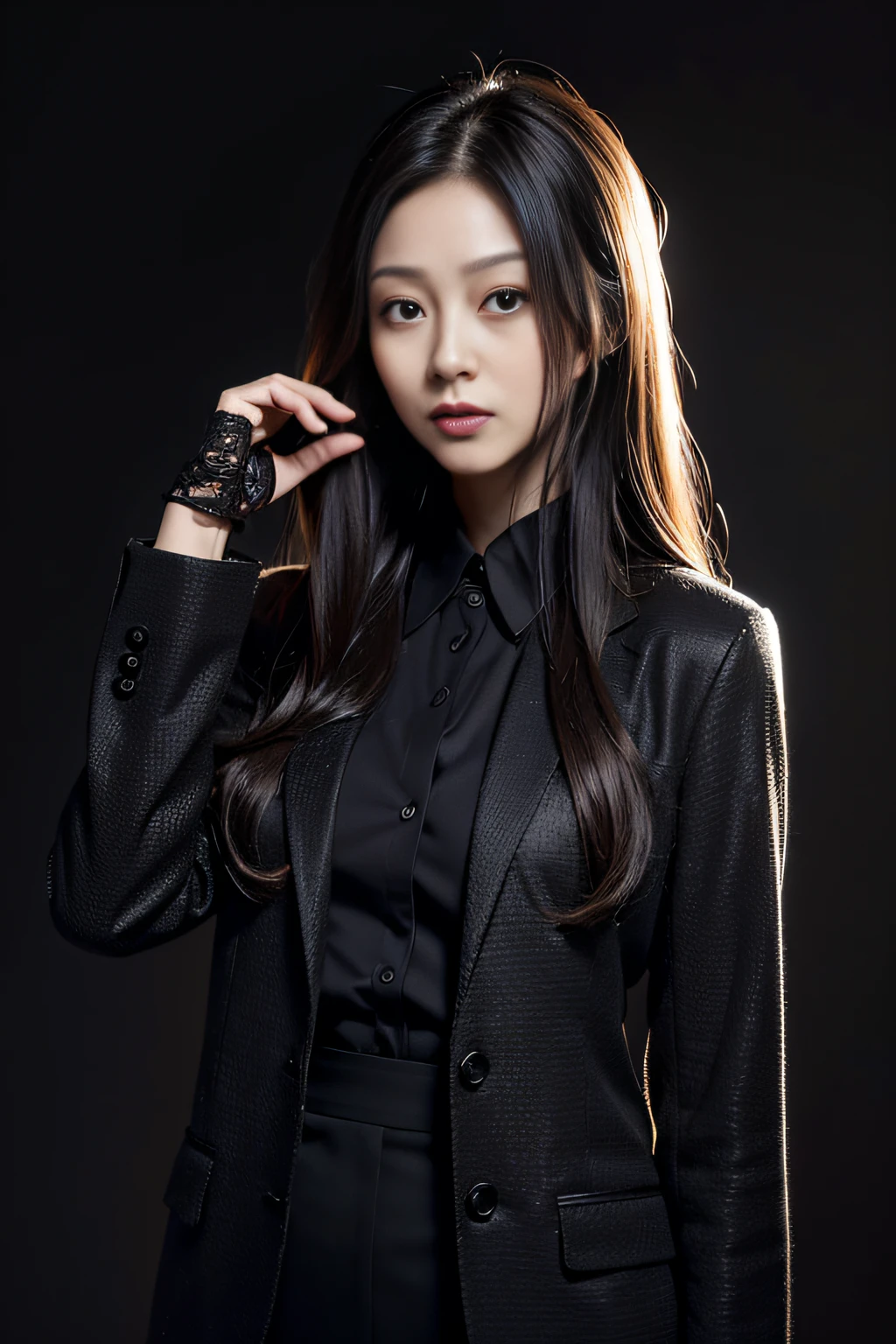 best qualtiy,tmasterpiece,超高分辨率,(realisticlying:1.4),RAW photogr,1girll,long whitr hair,Detailed eyes and face,In black suit,动态照明,in the darkness nigth,deep shading,low tune,Cowboy shoots full-length body