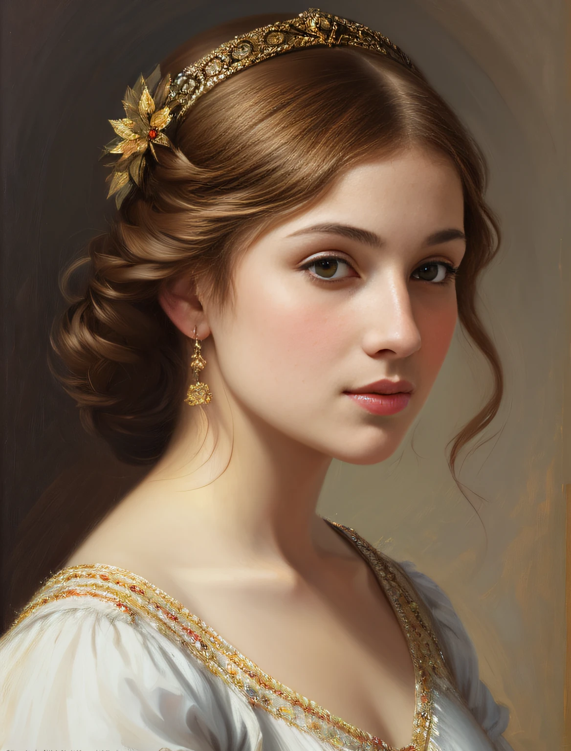 portrait, girl, middle ages, classicism, andrey atroshenko style, painting, traditional media, realistic, figurative, fine art, oil on canvas, HDR, 8K, original character, high resolution, high detail, focus on the face