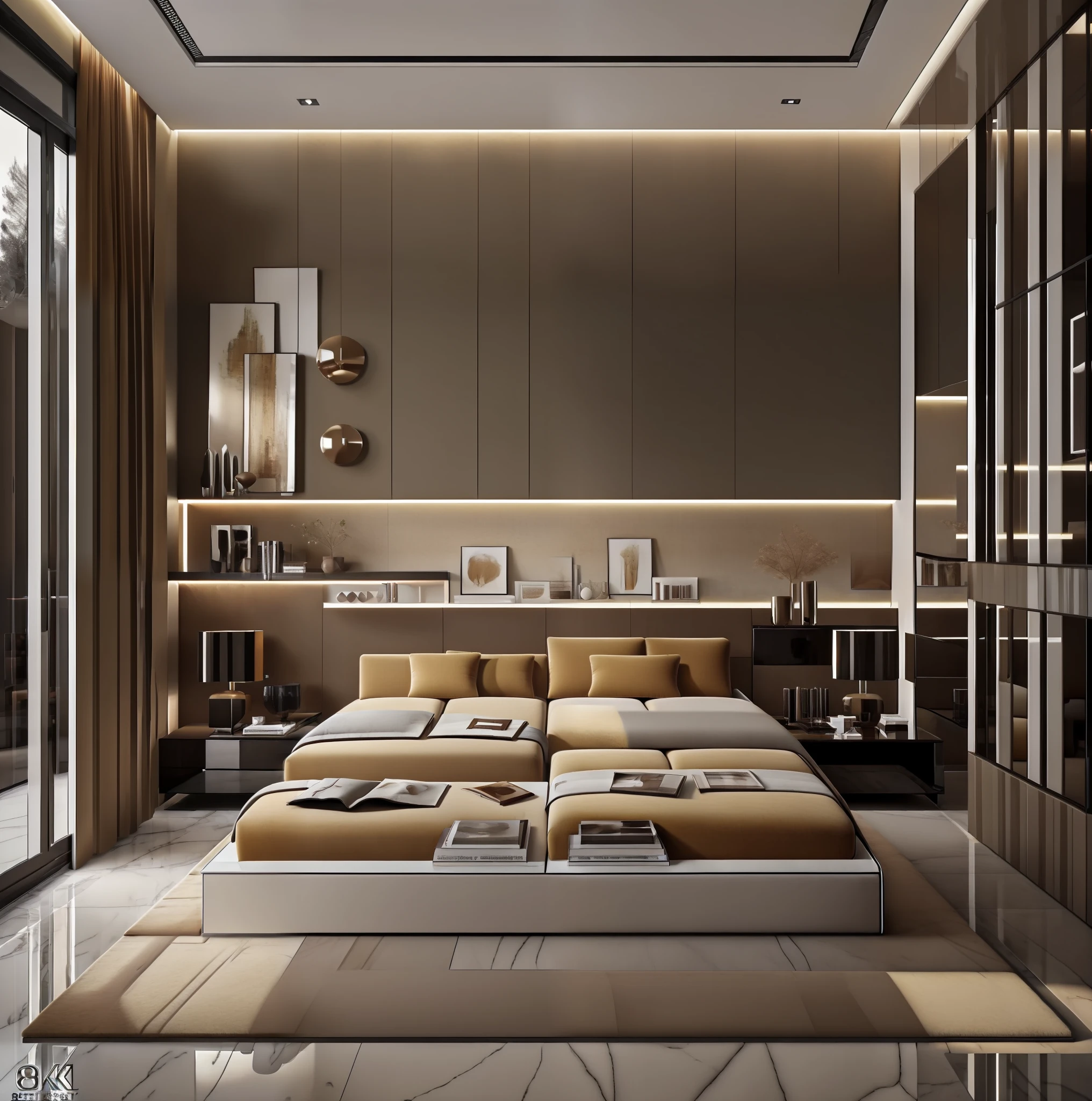 ((Best quality, 8k, Masterpiece :1.3)), bedrooom design, (the bed is upholstered in felt:1.3), minimalist motif furniture, sofa , plaster ceiling , glossy mable floor, (warm tone)