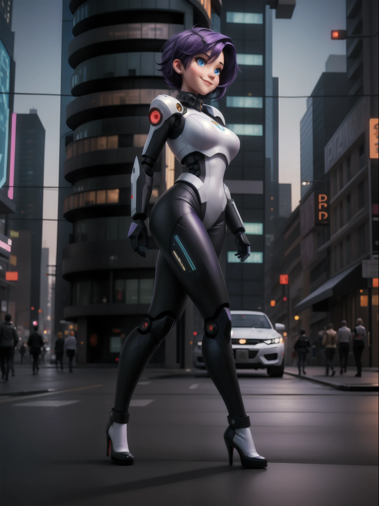 {(1woman)}, only she is {((wearing white mecha suit with black gears extremely tight on her body)), she has ((extremely gigantic breasts)), only she has ((very short purple hair, mohawk, blue eyes )), ((erotic pose)), only she is smiling and staring at the viewer, ((in a cyberpunk city, it's daytime, people of different ethnicities on the street, people on the street, futuristic buildings, cars, motorcycles, robots))}, ((full body):1.5), 16k, best quality, best resolution, best sharpness,