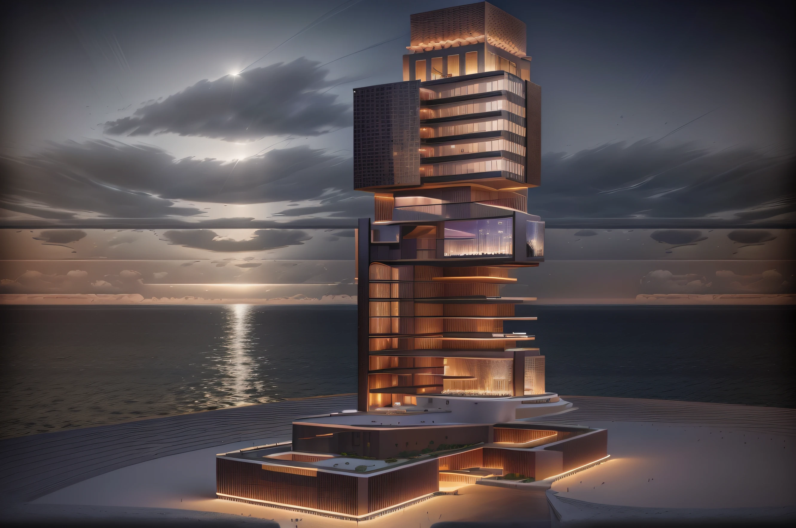 an architectural design rendering of a tall building with a LED screen on top, Located in Lusail Qatar Designed by Norman Foster, multistory building, modern, dynamic (RAW photo, real, best quality, masterpiece:1.2), (hyper realistic, photo-realistic:1.2), high quality, (dark lighting:1.2), perfect lighting, archdaily