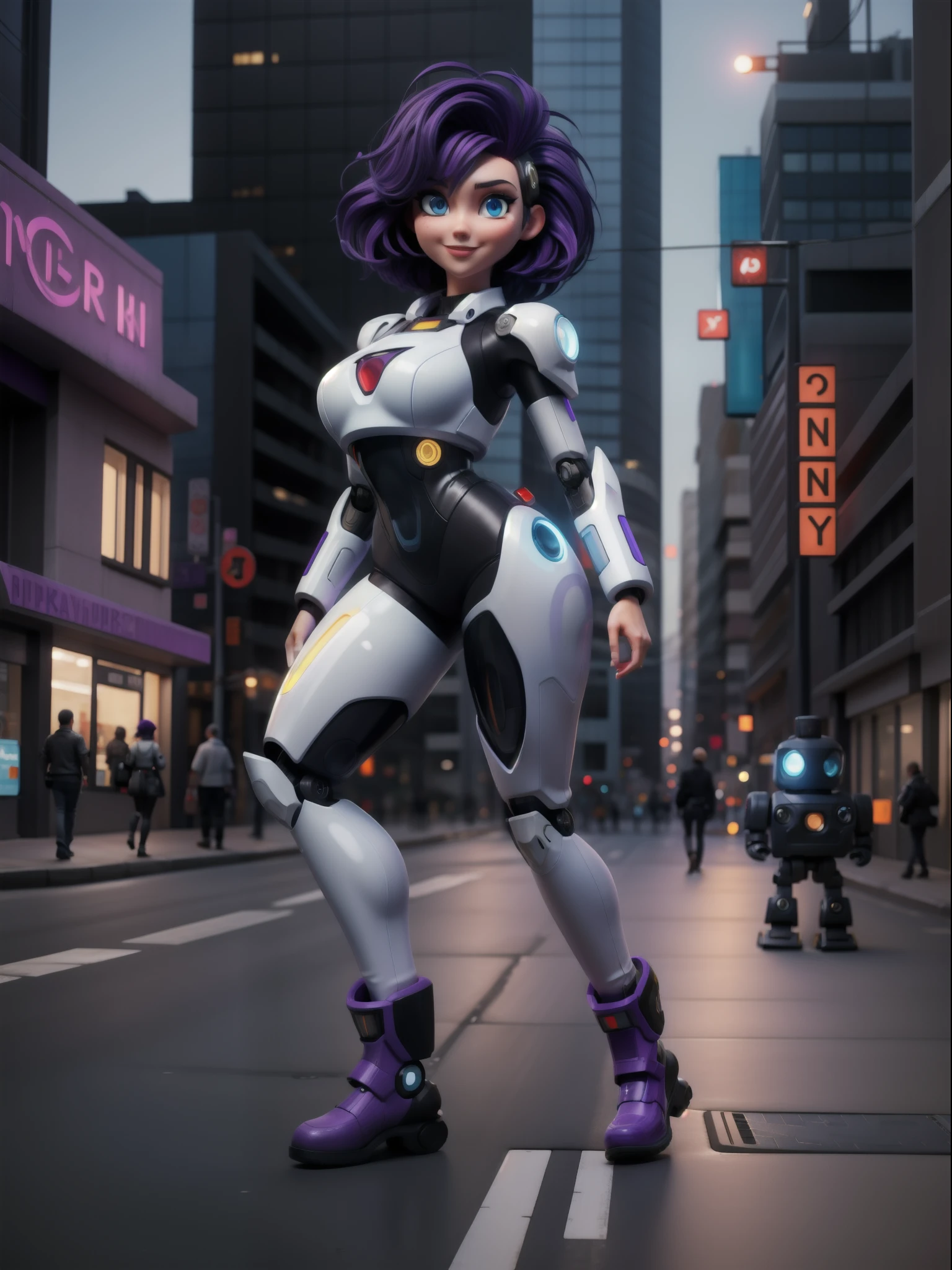 {(1woman)}, only she is {((wearing white mecha suit with black gears extremely tight on her body)), she has ((extremely gigantic breasts)), only she has ((very short purple hair, mohawk, blue eyes )), ((erotic pose)), only she is smiling and staring at the viewer, ((in a cyberpunk city, it's daytime, people of different ethnicities on the street, people on the street, futuristic buildings, cars, motorcycles, robots))}, ((full body):1.5), 16k, best quality, best resolution, best sharpness,