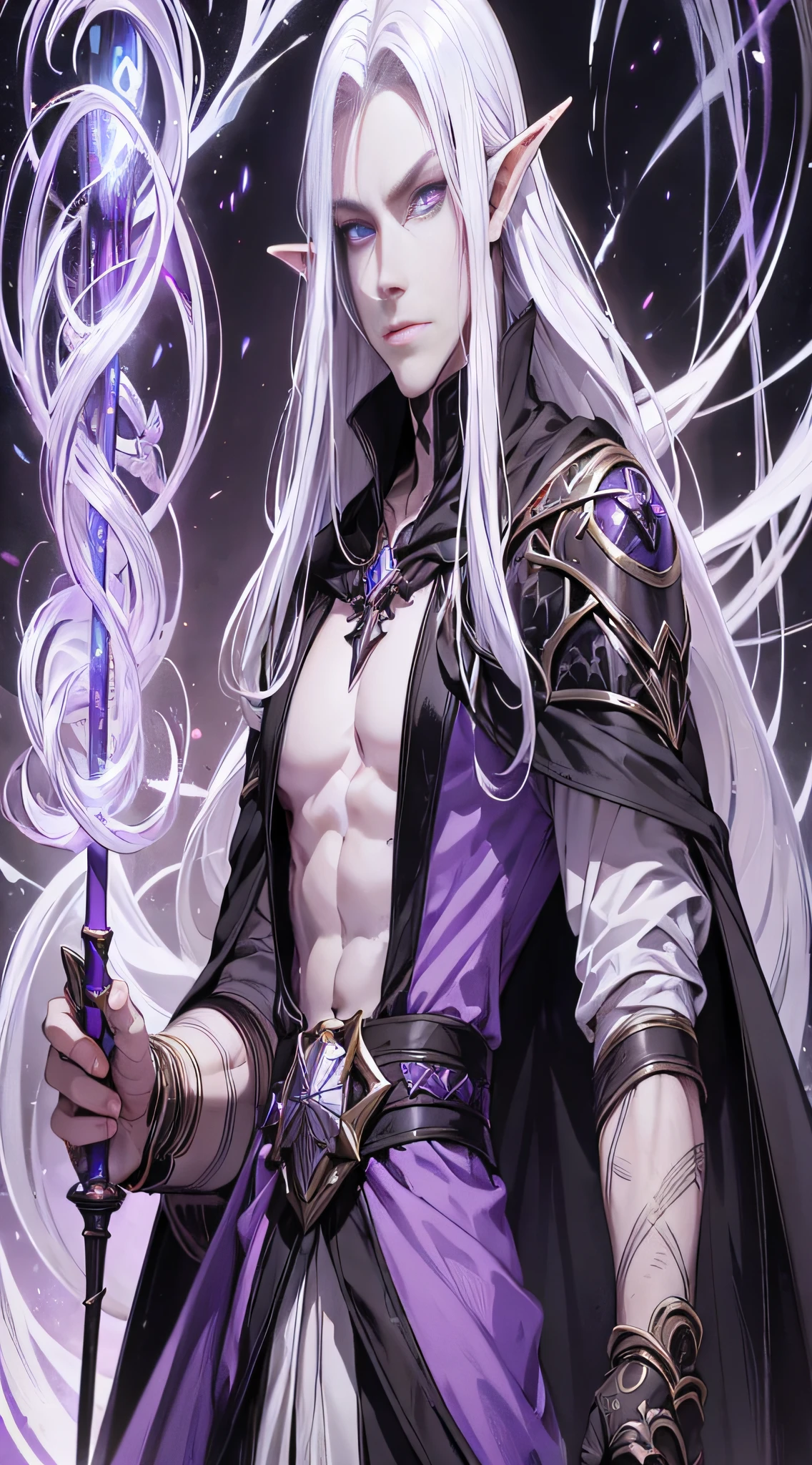 dungeons and dragons, male half elf, warlock, long white hair, violet eyes, dark clothes, proud, evil, magical, detailed face, detailed skin, detailed character, young, black clothing, black cape, he has purple eyes, purple eyes, hes young