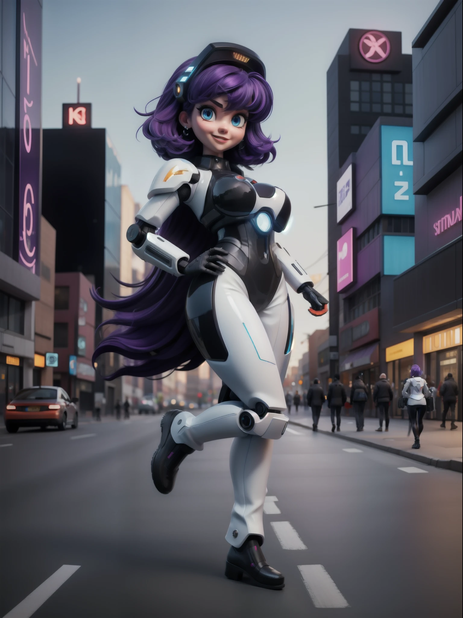 {(1woman)}, only she is {((wearing white mecha suit with black gears extremely tight on her body)), she has ((extremely gigantic breasts)), only she has ((very short purple hair, mohawk, blue eyes )), ((erotic pose)), only she is smiling and staring at the viewer, ((in a cyberpunk city, it's daytime, people of different ethnicities on the street, people on the street, futuristic buildings, cars, motorcycles, robots))}, ((full body):1.5), 16k, best quality, best resolution, best sharpness,