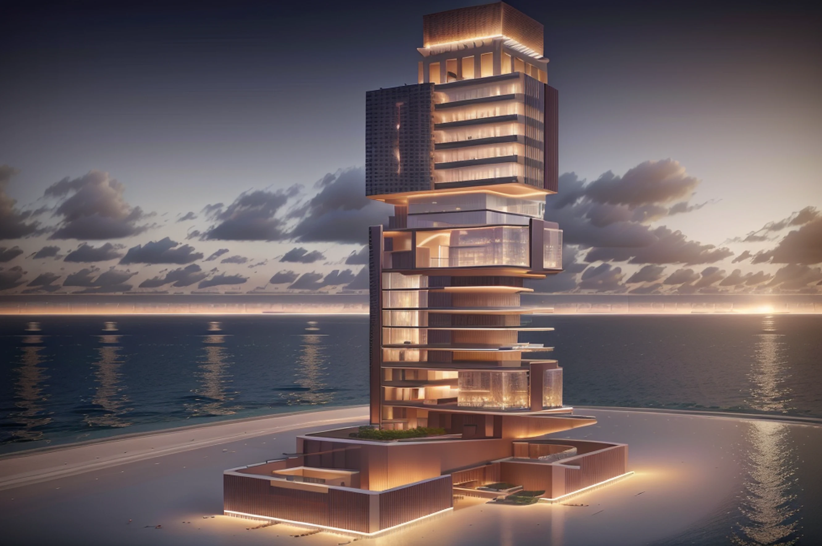 an architectural design rendering of a tall building with a LED screen on top, Located in Lusail Qatar Designed by Norman Foster, multistory building, modern, dynamic (RAW photo, real, best quality, masterpiece:1.2), (hyper realistic, photo-realistic:1.2), high quality, (dark lighting:1.2), perfect lighting, archdaily