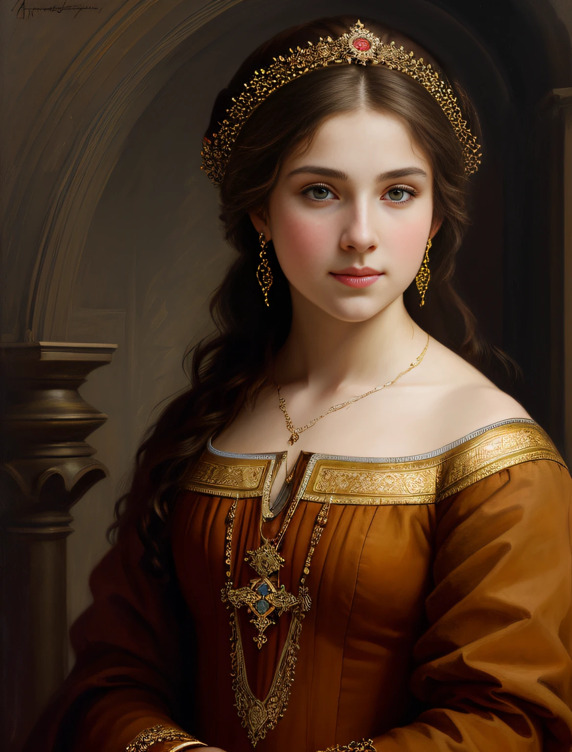 portrait, girl, middle ages, classicism, andrey atroshenko style, painting, traditional media, realistic, figurative, fine art, oil on canvas, HDR, 8K, original character, high resolution, high detail, focus on the face