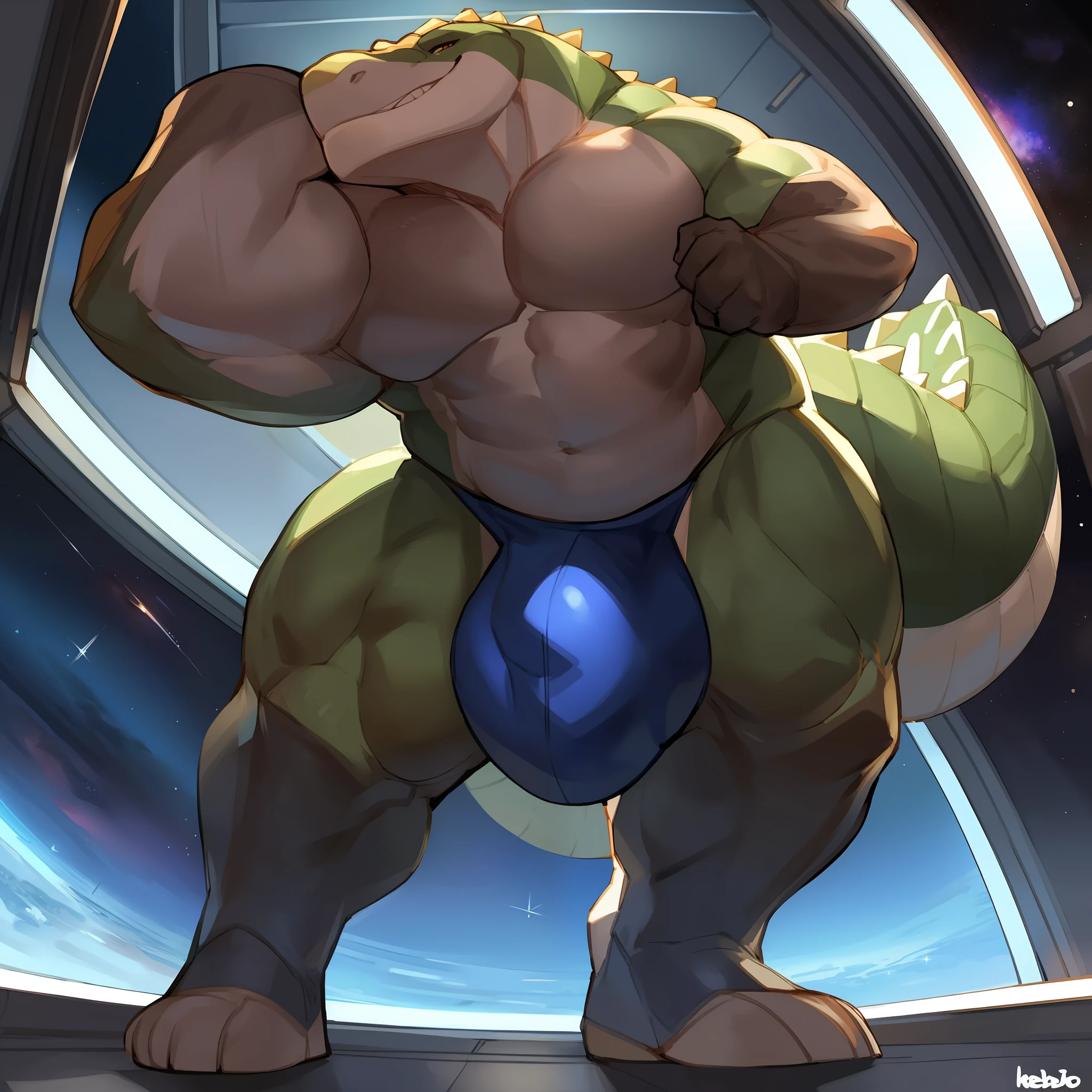 Solo, male, standing, blue military uniform, space, spaceship, window, alligator, massive, enormous, tall, huge, wide, thick, girthy, buff, giant biceps, huge pecs, muscular, big bulge, by bebebebebe, smirking, smug expression, big tail, thick tail, evil grin, erection, closeup shot from below, looking down at viewer