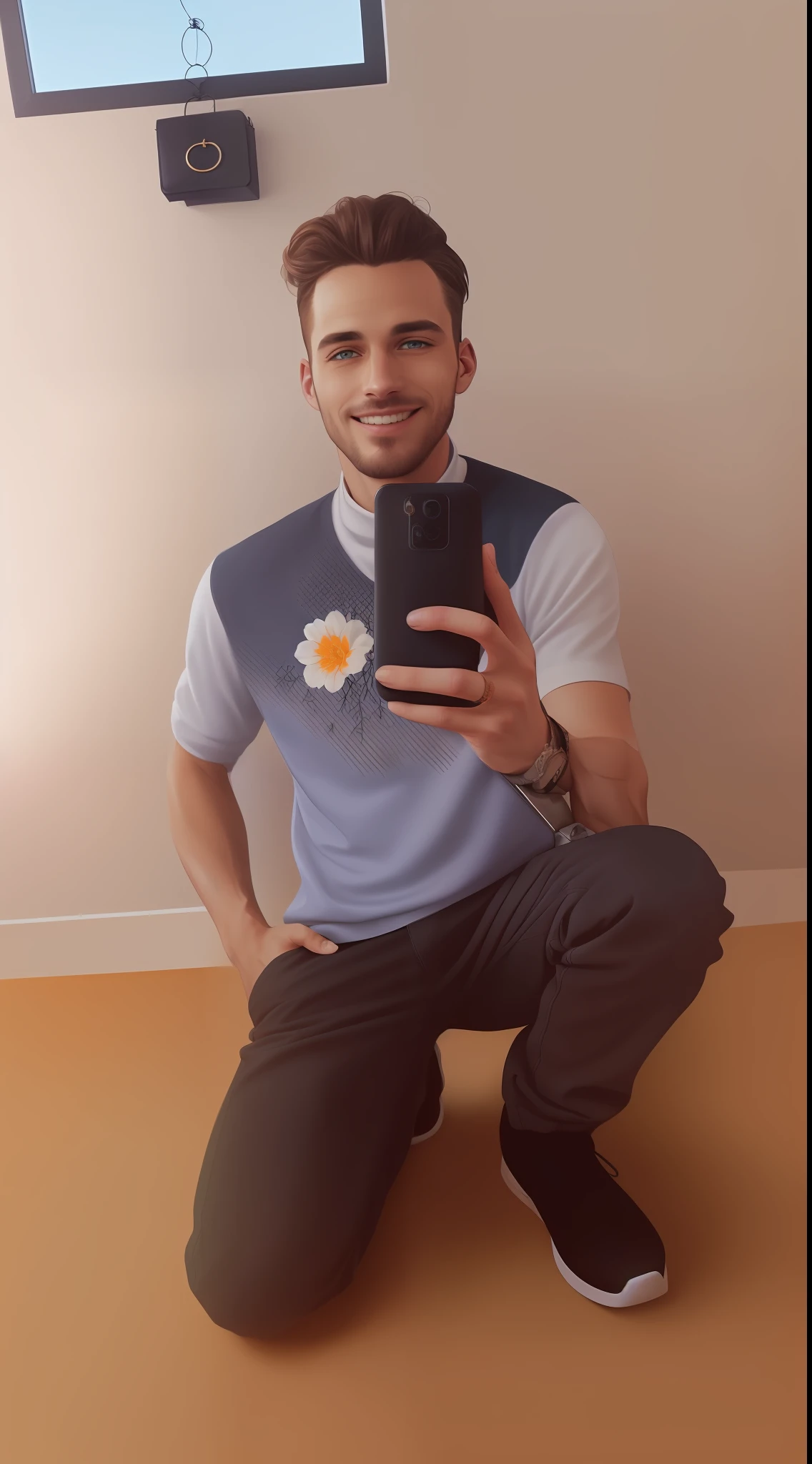 ((skinny)) ((men)) , shoulder-length hair , manly face stubble , ((shoulder bag)) , turtleneck , (future style), ((cute little work on the shoulder)) , white ,((orange backlight )) background , meadow with grass , sweater , carpet , seals , smile , headband on the forehead of a white flower with orange details , hyper detailing ((patterns )) ,((hidden face )) helmet((patterns ))(cinematic:1.4), (hyperrealistic:1.4), ((intricate details)), hdr, ((intricate details, hyperdetailed)), (detailed skin:1.3), (hdr:1.5), (muted colors:1.2) ((patterns ))(white matte color)